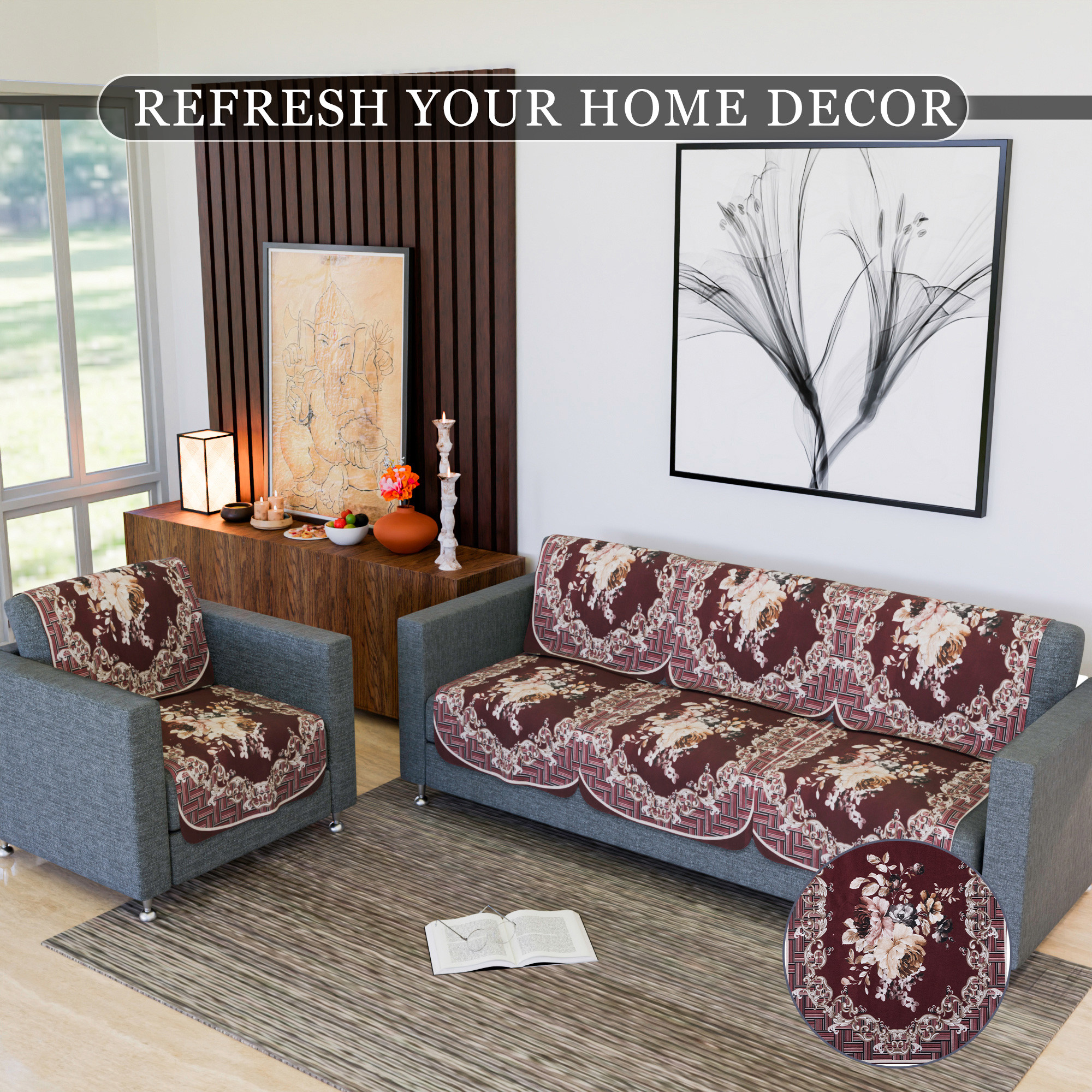 Kuber Industries Sofa Cover  Sofa Slipcover Set  Sofa Cover for Living Room  Sofa Slip Cover for Hall  5-Seater Sofa Cover for Home Decor  Sofa Cover Set  Check Border Digital Print  10 Piece  Maroon