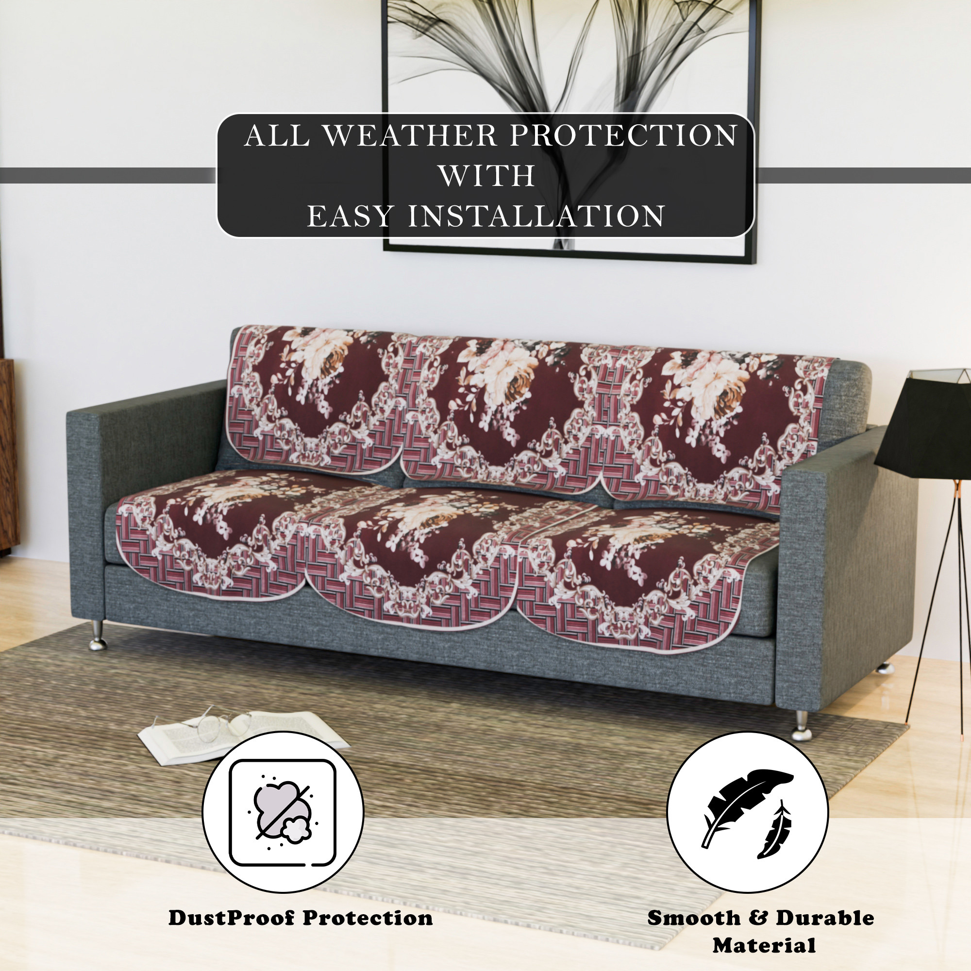 Kuber Industries Sofa Cover  Sofa Slipcover Set  Sofa Cover for Living Room  Sofa Slip Cover for Hall  5-Seater Sofa Cover for Home Decor  Sofa Cover Set  Check Border Digital Print  10 Piece  Maroon