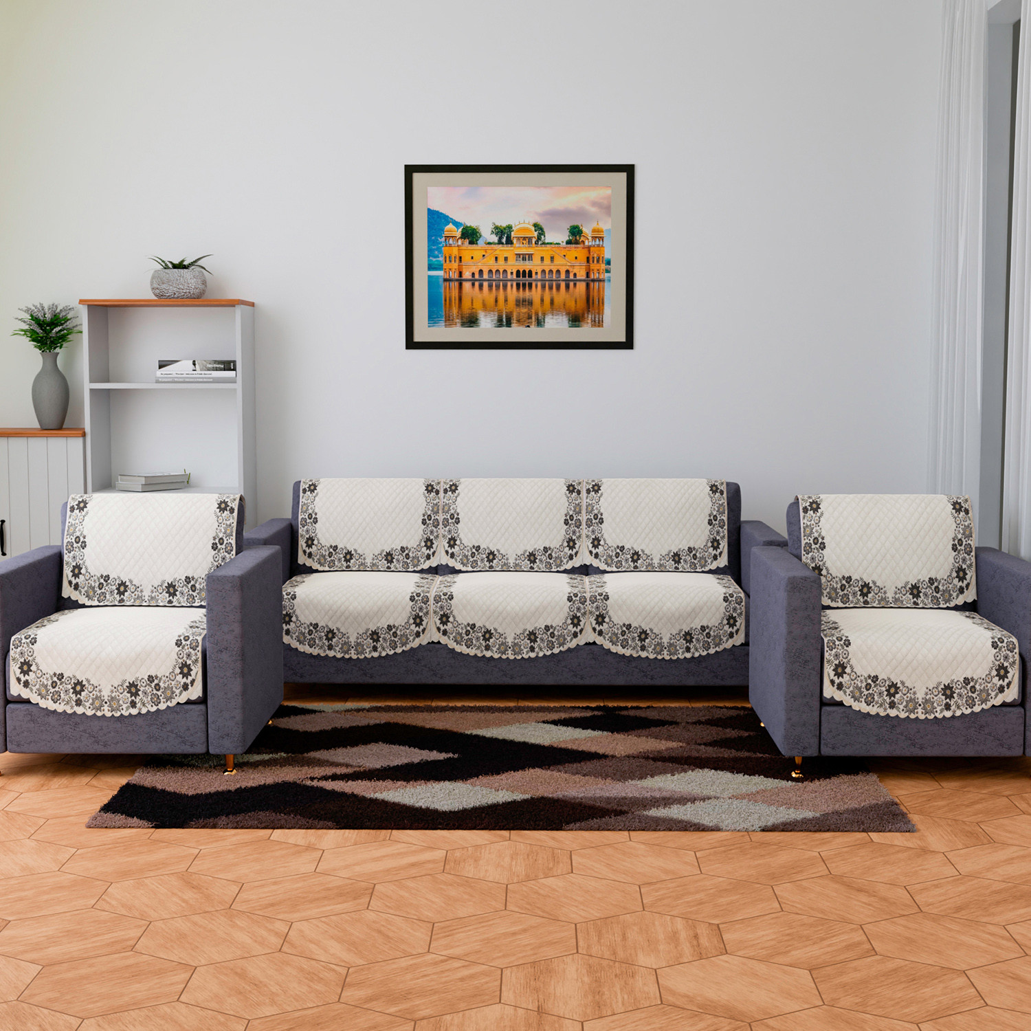 Kuber Industries Sofa Cover | Velvet Sofa Cover Set | Digital Painting Quilted Sofa Set | SUEDE Ultra Sonic Couch Cover | Sofa Cover for Living Room | Sofa Cover for Hall | Cream