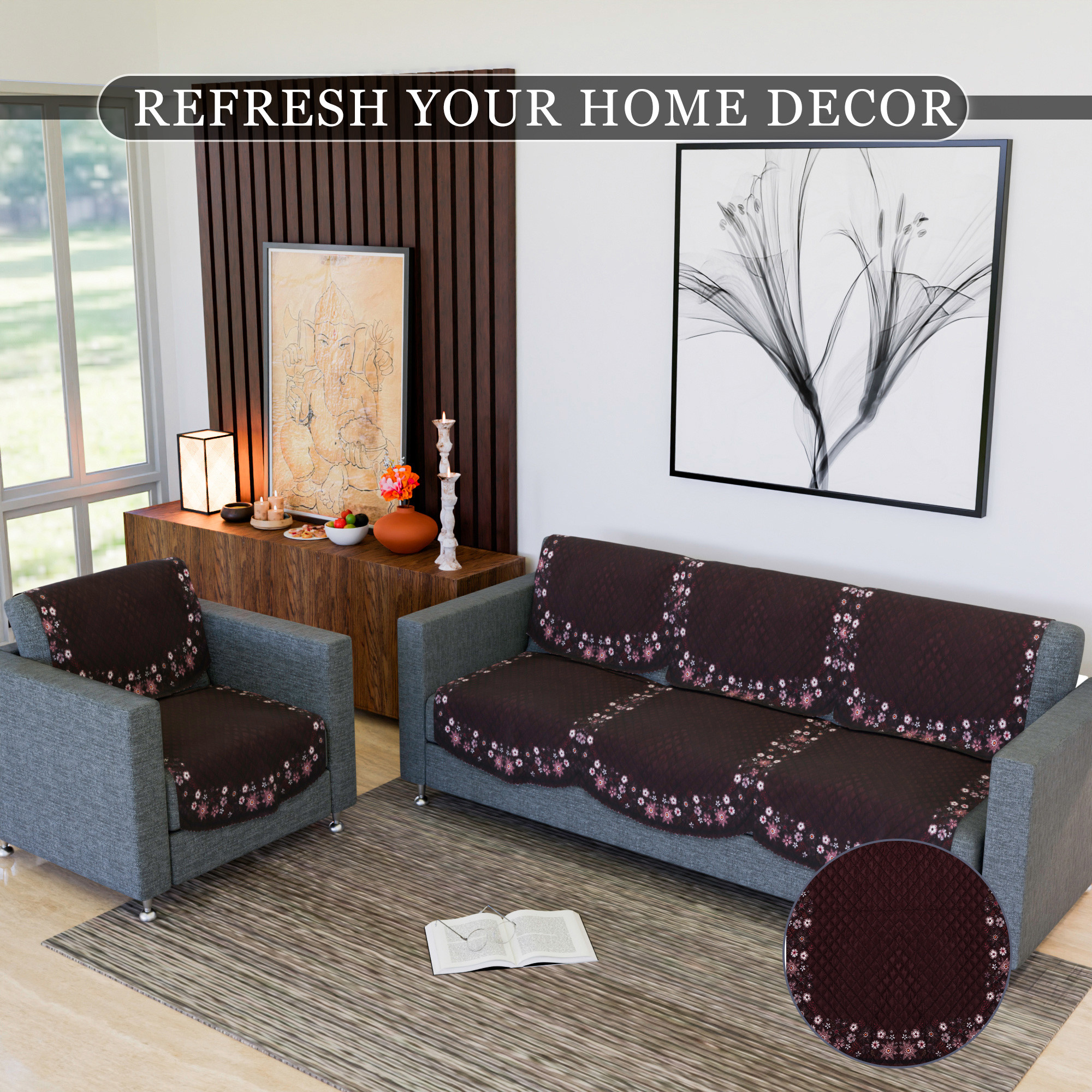 Kuber Industries Sofa Cover  Velvet Sofa Slipcover Set  Digital Painting Quilted Sofa Set  SUEDE Ultra Sonic Couch Cover  5 Seater Sofa Cover for Living Room  Hall  10 Piece  Maroon