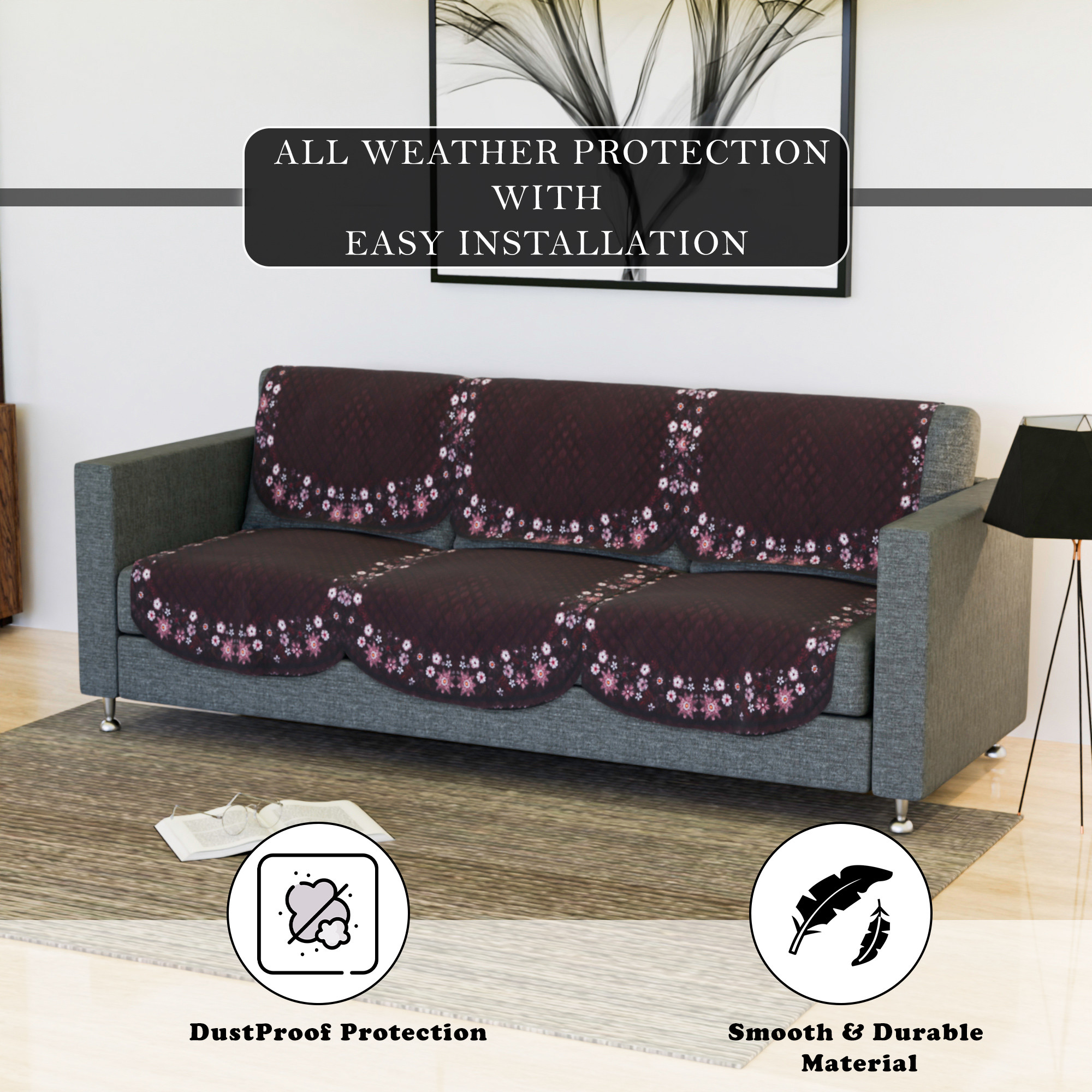 Kuber Industries Sofa Cover  Velvet Sofa Slipcover Set  Digital Painting Quilted Sofa Set  SUEDE Ultra Sonic Couch Cover  5 Seater Sofa Cover for Living Room  Hall  10 Piece  Maroon