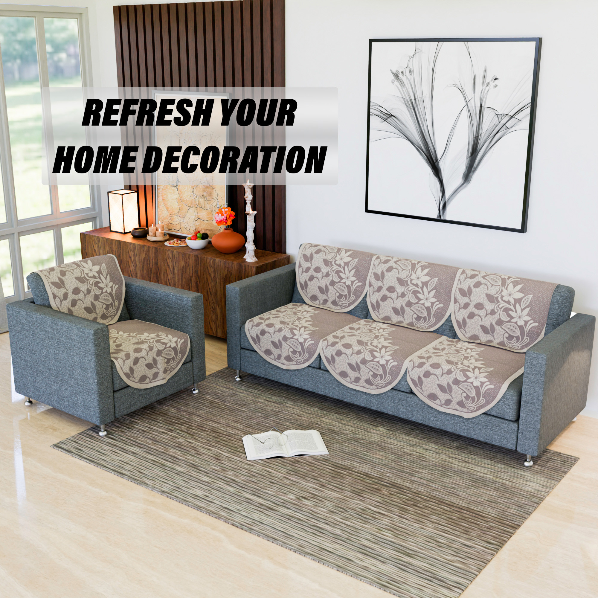 Kuber Industries Sofa Cover Set  5-Seater Couch Cover  Cotton Sofa Slip Cover Set  Sofa Slipcover Set  Sofa Cover for Living Room  S-22 Flower Sofa Cover Set Maroon