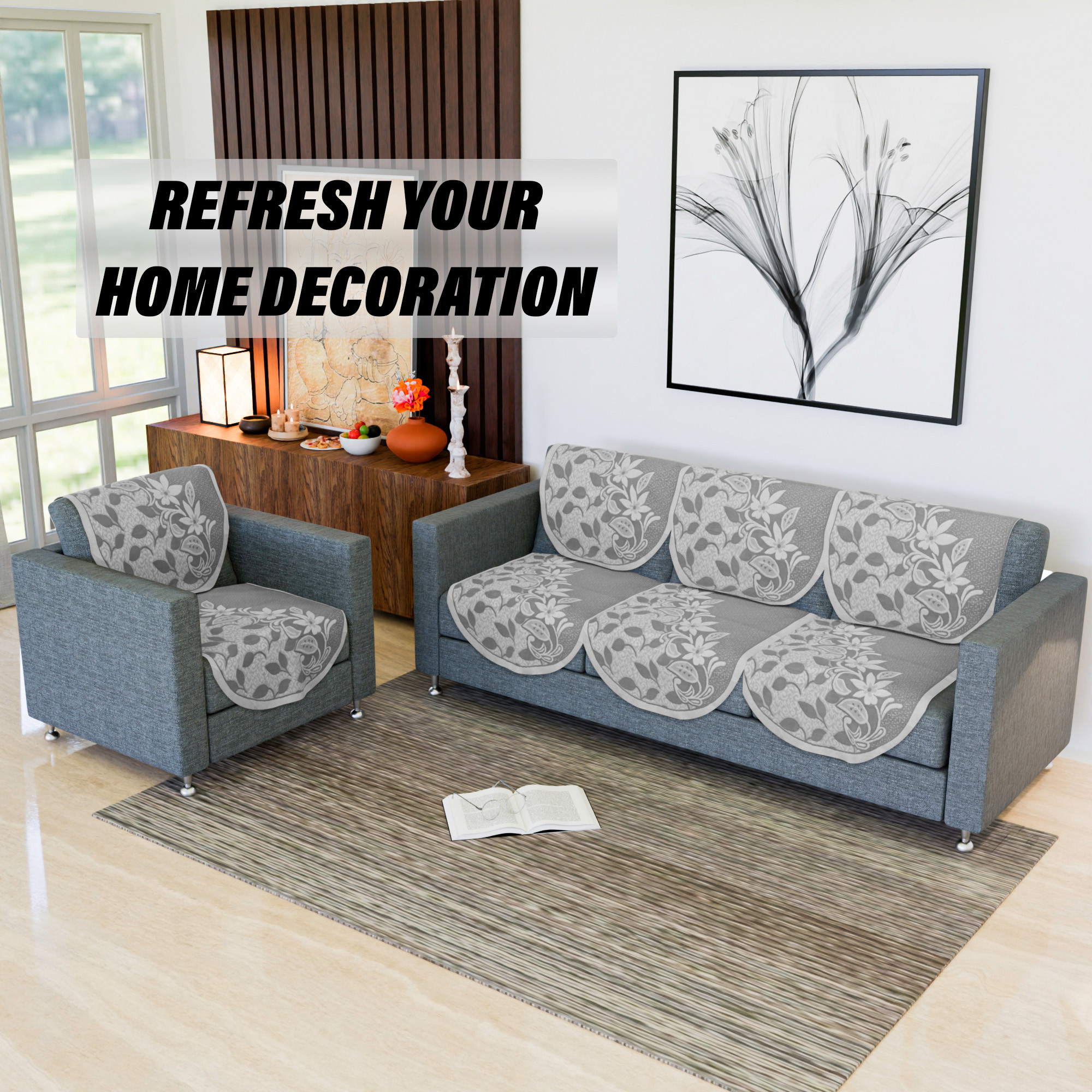 Kuber Industries Sofa Cover Set  5-Seater Couch Cover  Cotton Sofa Slip Cover Set  Sofa Slipcover Set  Sofa Cover for Living Room  S-22 Flower Sofa Cover Set Brown