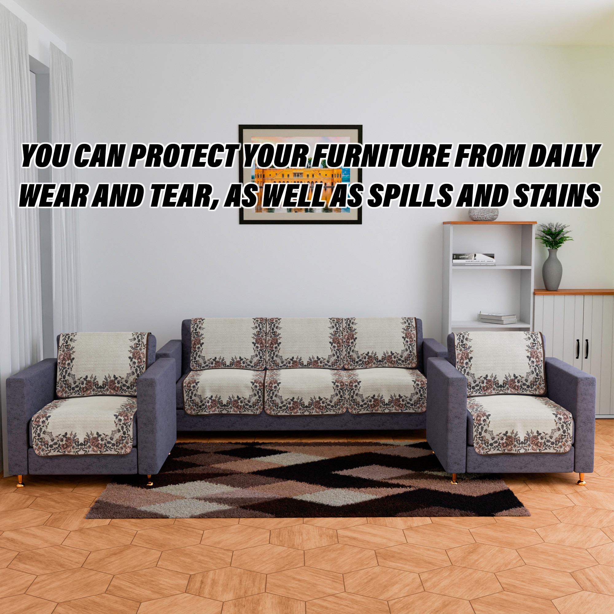 Kuber Industries Sofa Cover Set  5-Seater Couch Cover  Net Velvet Sofa Slip Cover Set  Sofa Slipcover Set  Sofa Cover for Living Room  Blue Gulab Border Crown Sofa Cover  Cream