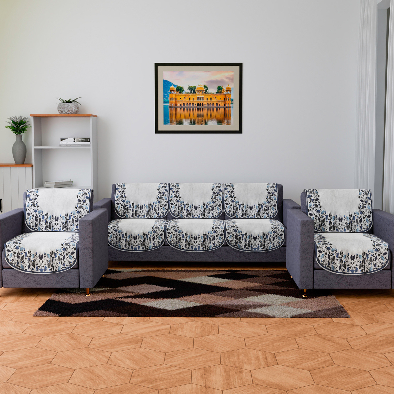 Kuber Industries Sofa Cover Set | Sofa Slip Cover Set | Blue Digital Leaf Sofa Cover | Velvet 5 Seater Couch Cover | Sofa Slipcover Set | Sofa Cover for Living Room | Gray