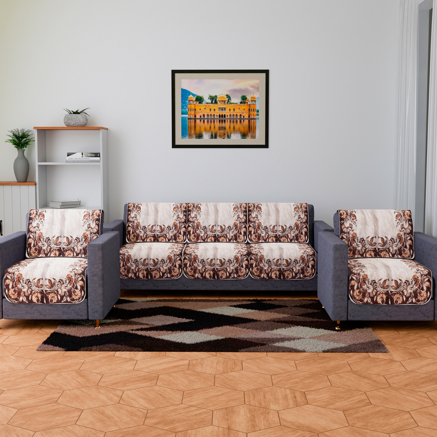 Kuber Industries Sofa Cover Set | Sofa Slip Cover Set | Brown Flower Sofa Cover | Velvet 5 Seater Couch Cover | Sofa Slipcover Set | Sofa Cover for Living Room | Cream