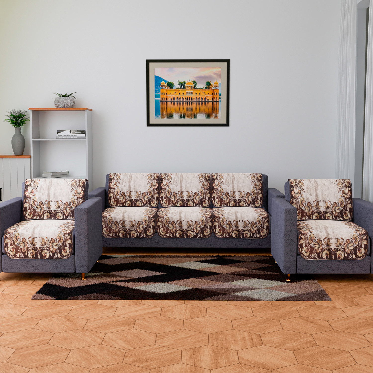 Kuber Industries Sofa Cover Set | Sofa Slip Cover Set | Brown Flower Sofa Cover | Velvet 5 Seater Couch Cover | Sofa Slipcover Set | Sofa Cover for Living Room | Golden
