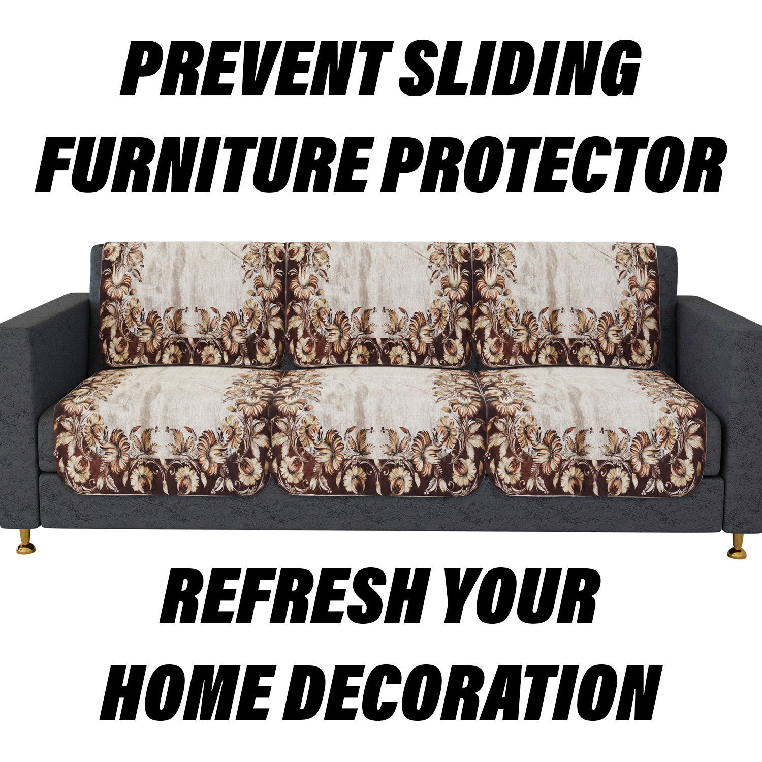 Kuber Industries Sofa Cover Set | Sofa Slip Cover Set | Brown Flower Sofa Cover | Velvet 5 Seater Couch Cover | Sofa Slipcover Set | Sofa Cover for Living Room | Golden