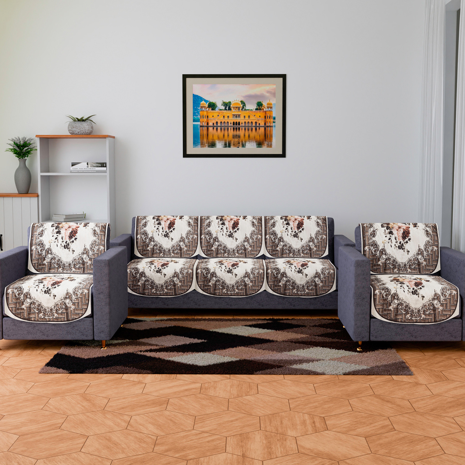 Kuber Industries Sofa Cover Set | Sofa Slip Cover Set | Check Border Sofa Cover | Velvet 5 Seater Couch Cover | Sofa Slipcover Set | Sofa Cover for Living Room | Brown