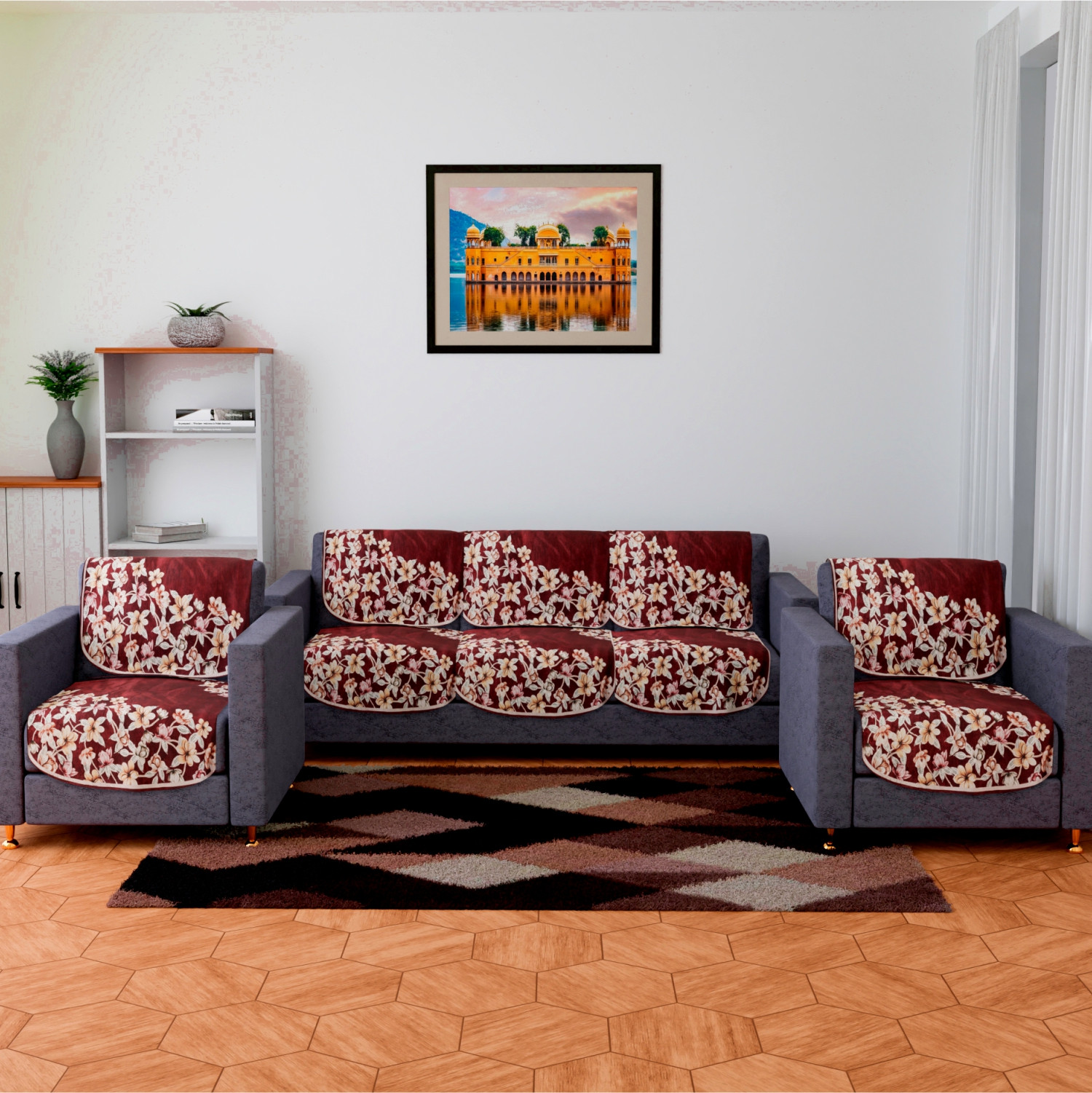 Kuber Industries Sofa Cover Set | Sofa Slip Cover Set | Side Flower Sofa Cover | Velvet 5 Seater Couch Cover | Sofa Slipcover Set | Sofa Cover for Living Room | Maroon
