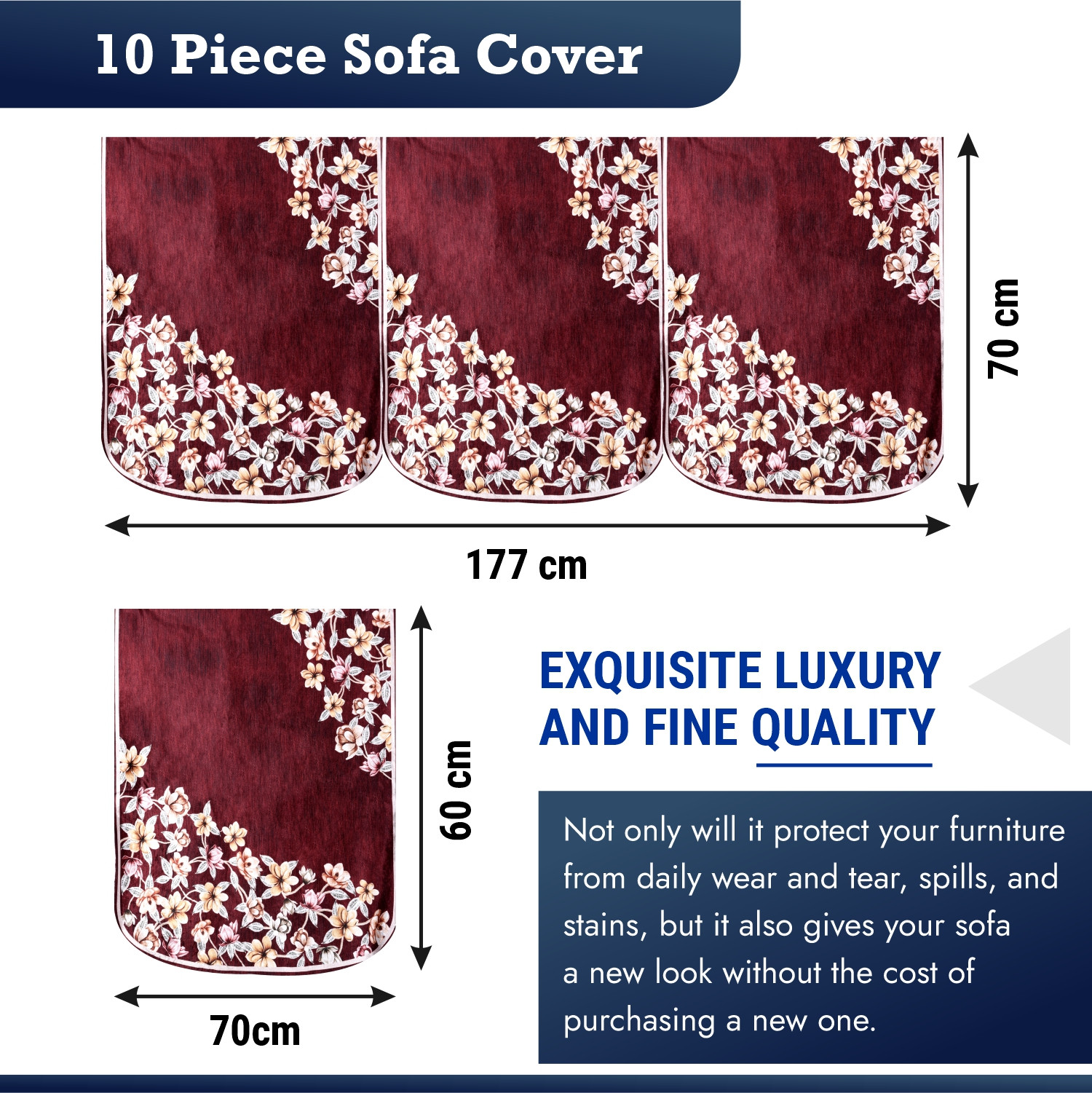 Kuber Industries Sofa Cover Set | Sofa Slip Cover Set | Side Flower Sofa Cover | Velvet 5 Seater Couch Cover | Sofa Slipcover Set | Sofa Cover for Living Room | Maroon