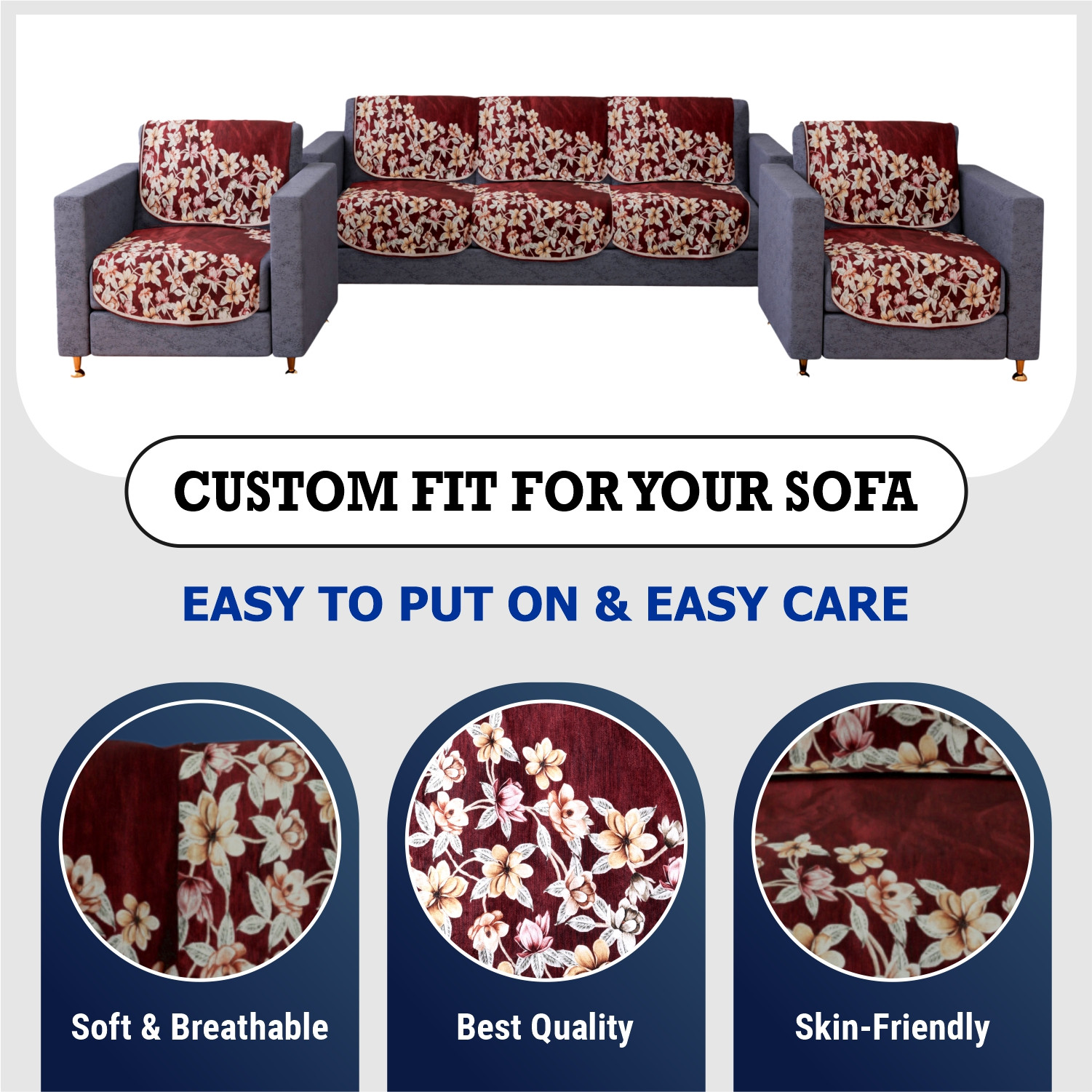 Kuber Industries Sofa Cover Set | Sofa Slip Cover Set | Side Flower Sofa Cover | Velvet 5 Seater Couch Cover | Sofa Slipcover Set | Sofa Cover for Living Room | Maroon