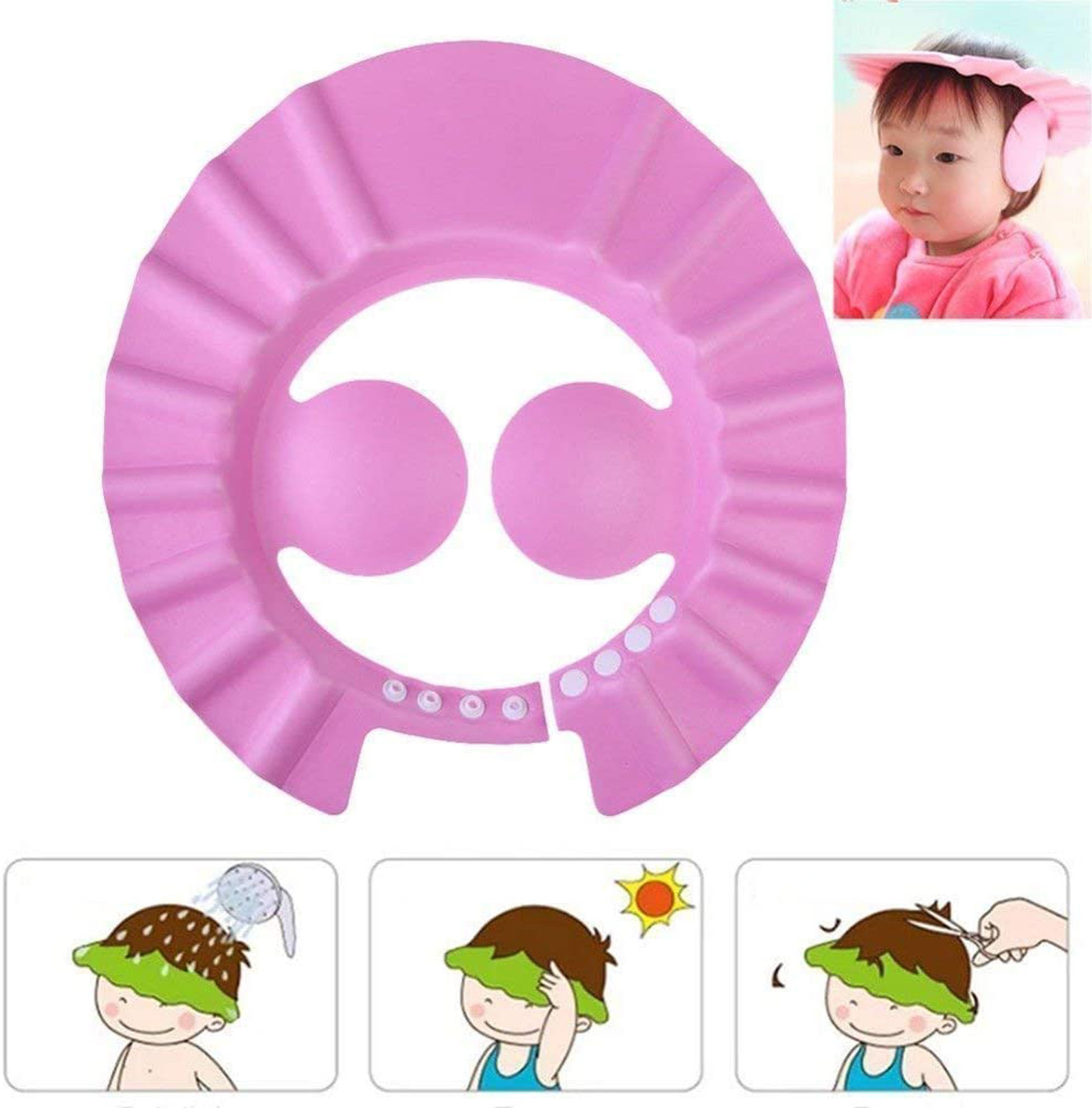 Kuber Industries Soft Adjustable Visor Hat Safe Shampoo Shower Bathing Protection Bath Cap for Toddler, Baby, Kids, Children (Pink)-HS_38_KUBMART21347