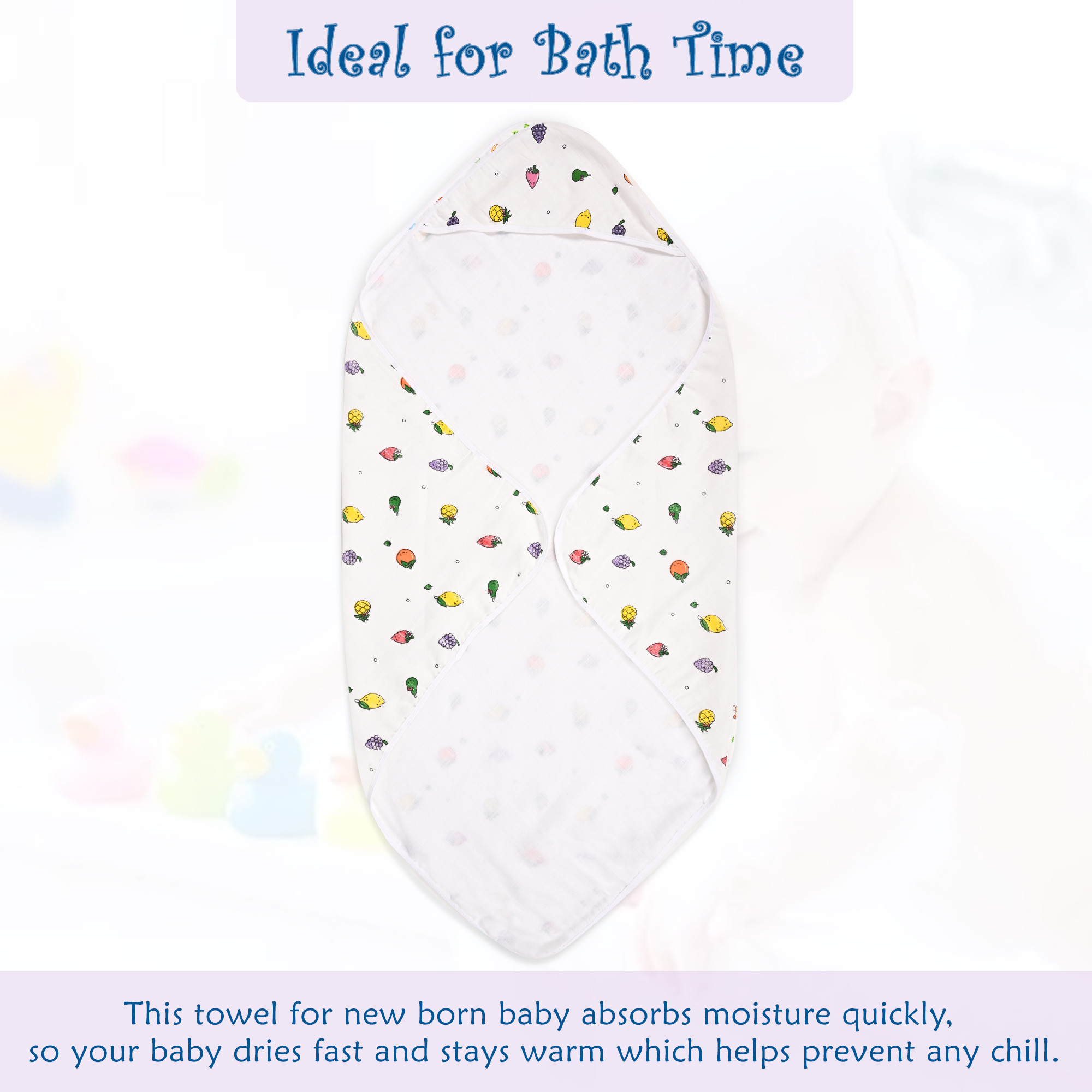Kuber Industries Soft  Absorbant Cotton Hooded Towels for New Born Baby  Wrapping Bath Towel for 0-12 Months  83x83 cm  Fruit Print-White