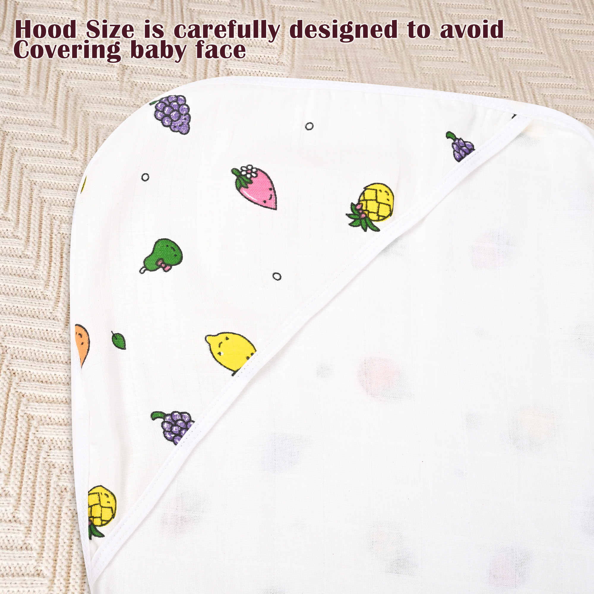 Kuber Industries Soft  Absorbant Cotton Hooded Towels for New Born Baby  Wrapping Bath Towel for 0-12 Months  83x83 cm  Fruit Print-White