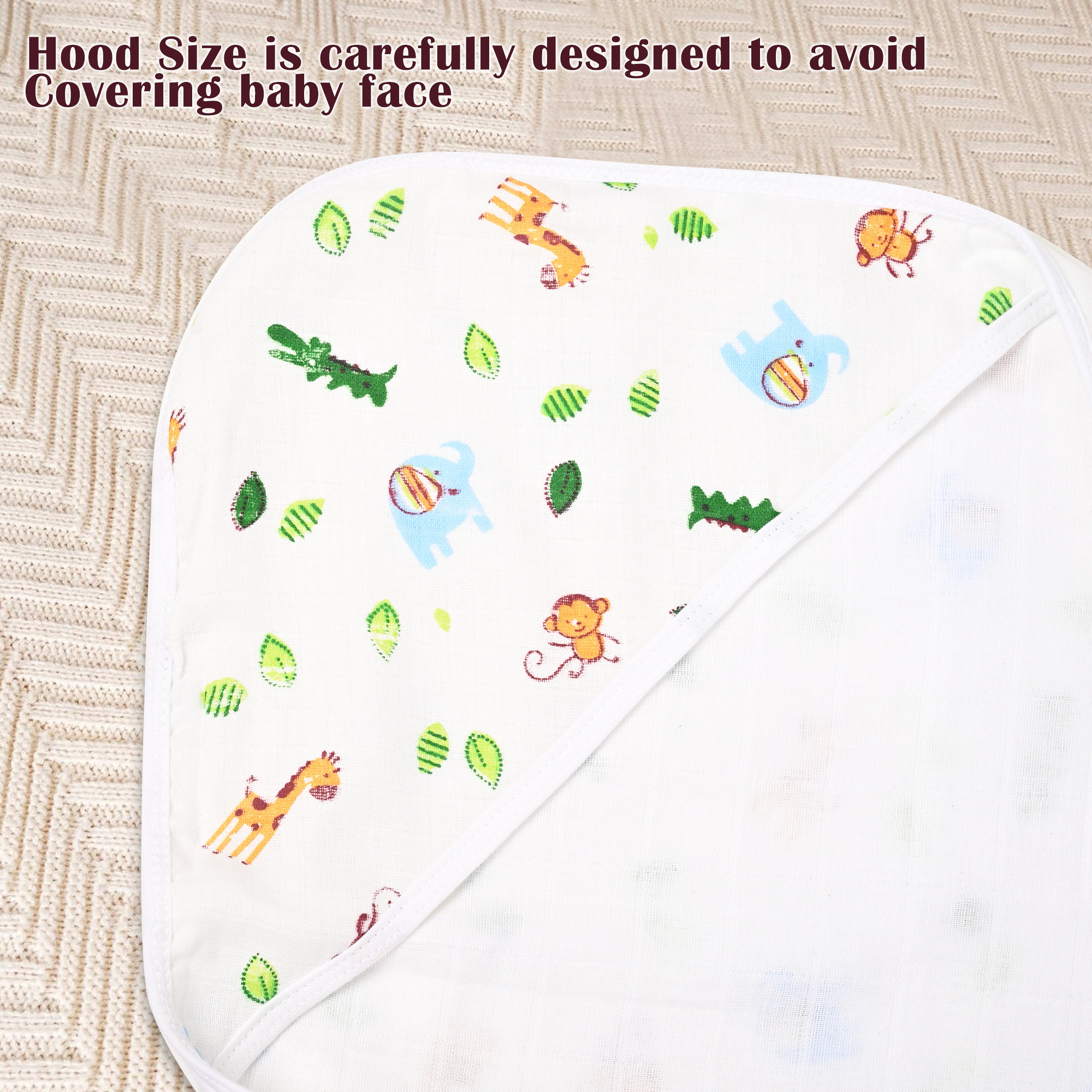 Kuber Industries Soft  Absorbant Cotton Hooded Towels for New Born Baby  Wrapping Bath Towel for 0-12 Months  83x83 cm  Animal Print-White