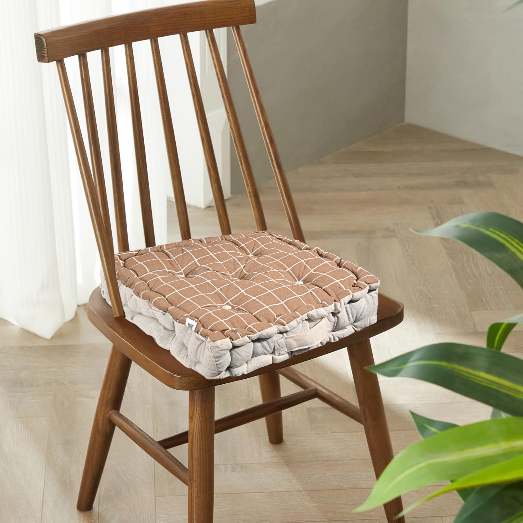 Kuber Industries Soft  Comfortable Cotton Chair Cushions for Sitting  Pillow for Office Work  Posture Support  Sitting Cushion  Back Rest for Chair  Check Print -Brown