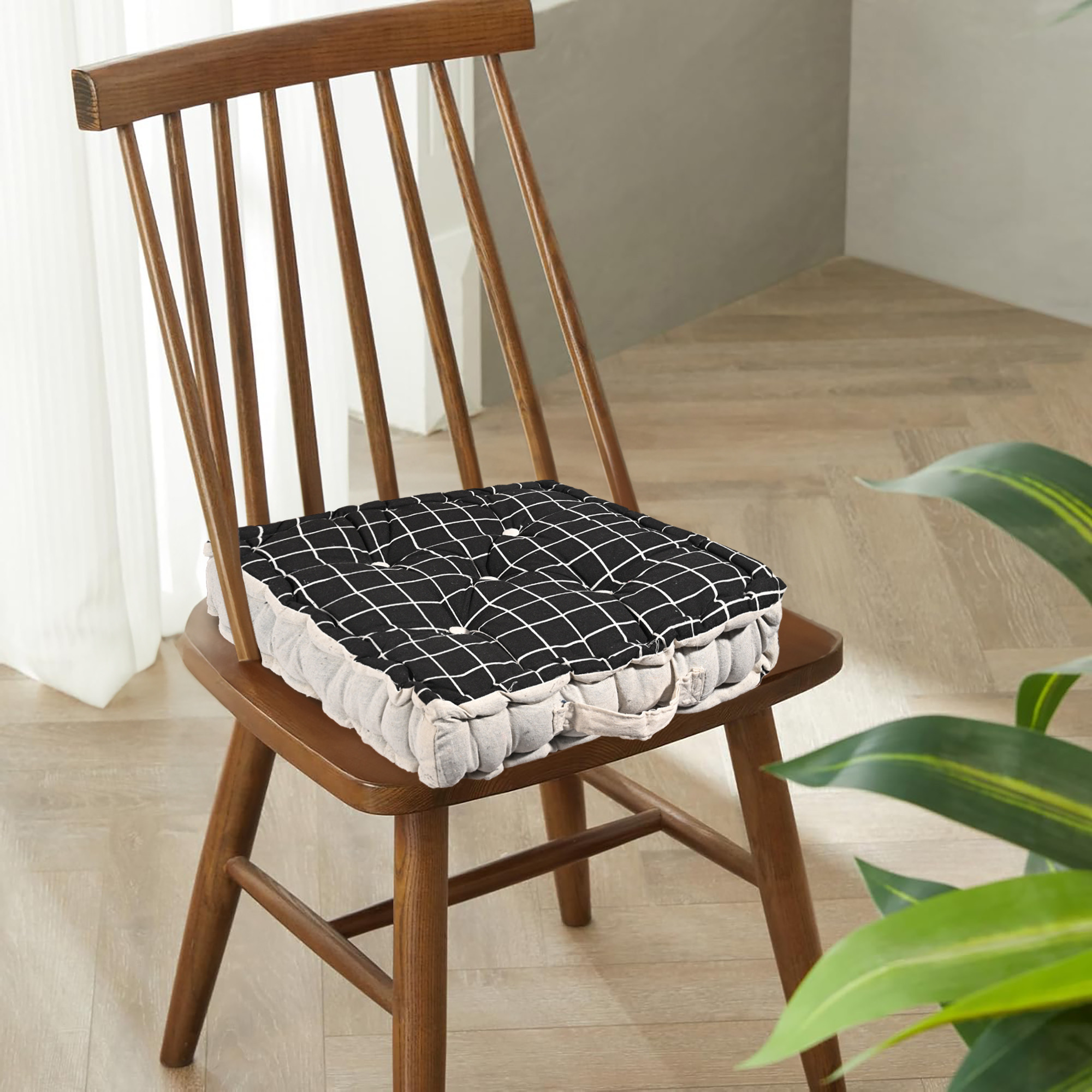 Kuber Industries Soft  Comfortable Cotton Chair Cushions for Sitting  Pillow for Office Work  Posture Support  Sitting Cushion  Back Rest for Chair  Check Print -Black