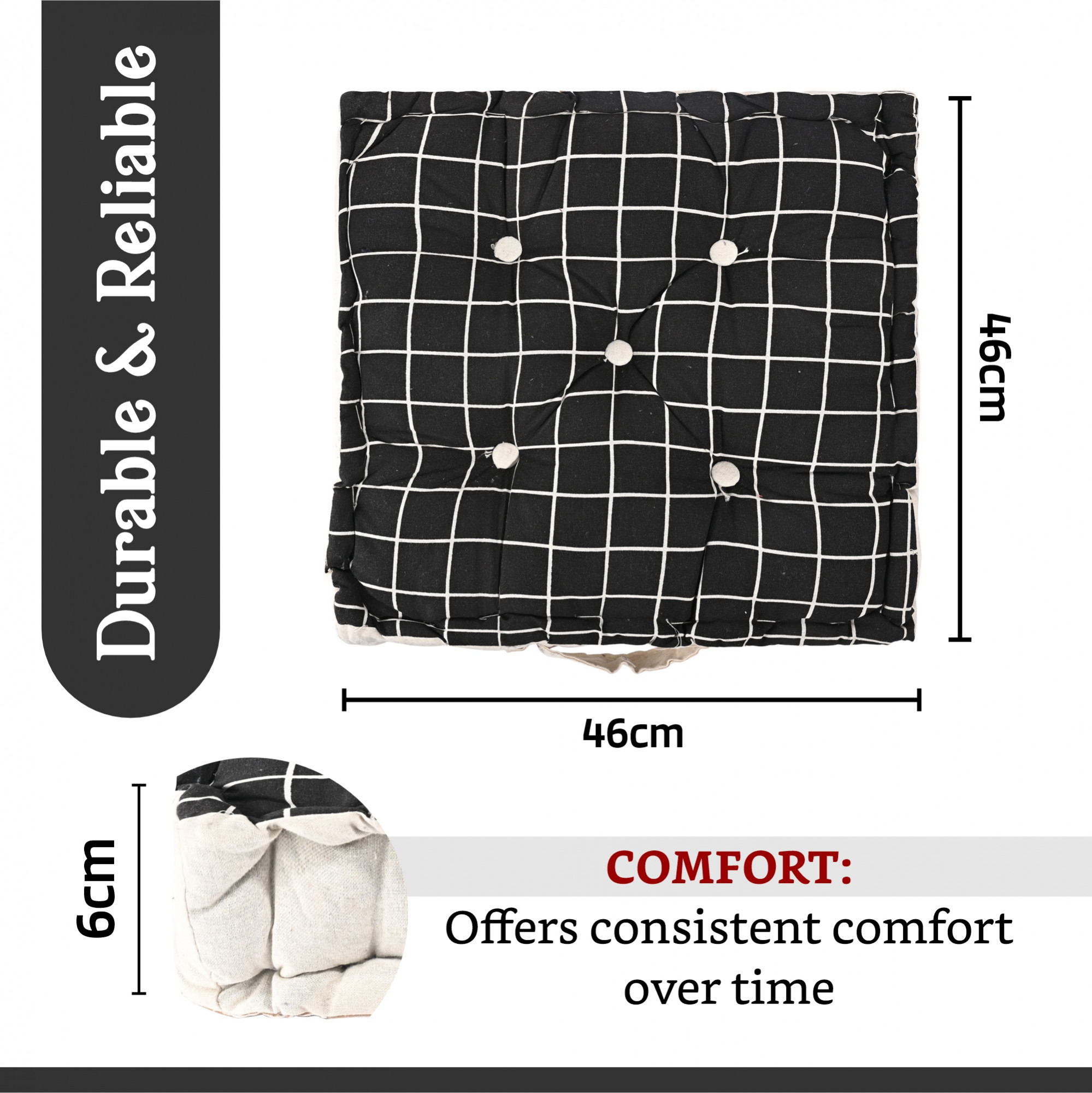 Kuber Industries Soft  Comfortable Cotton Chair Cushions for Sitting  Pillow for Office Work  Posture Support  Sitting Cushion  Back Rest for Chair  Check Print -Black
