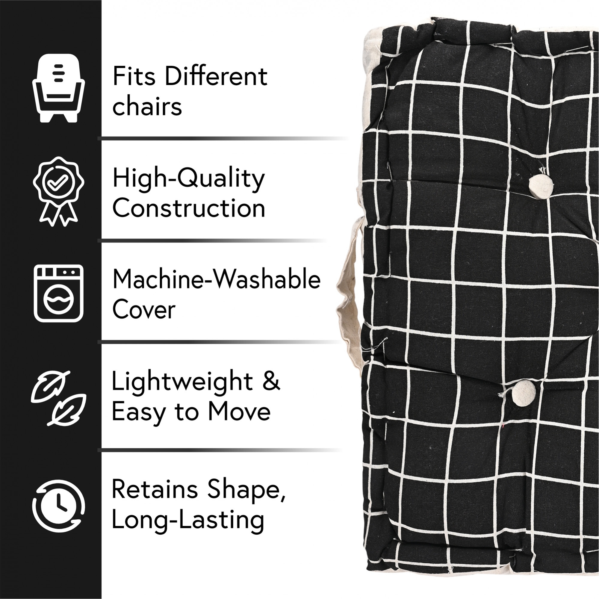 Kuber Industries Soft  Comfortable Cotton Chair Cushions for Sitting  Pillow for Office Work  Posture Support  Sitting Cushion  Back Rest for Chair  Check Print -Black