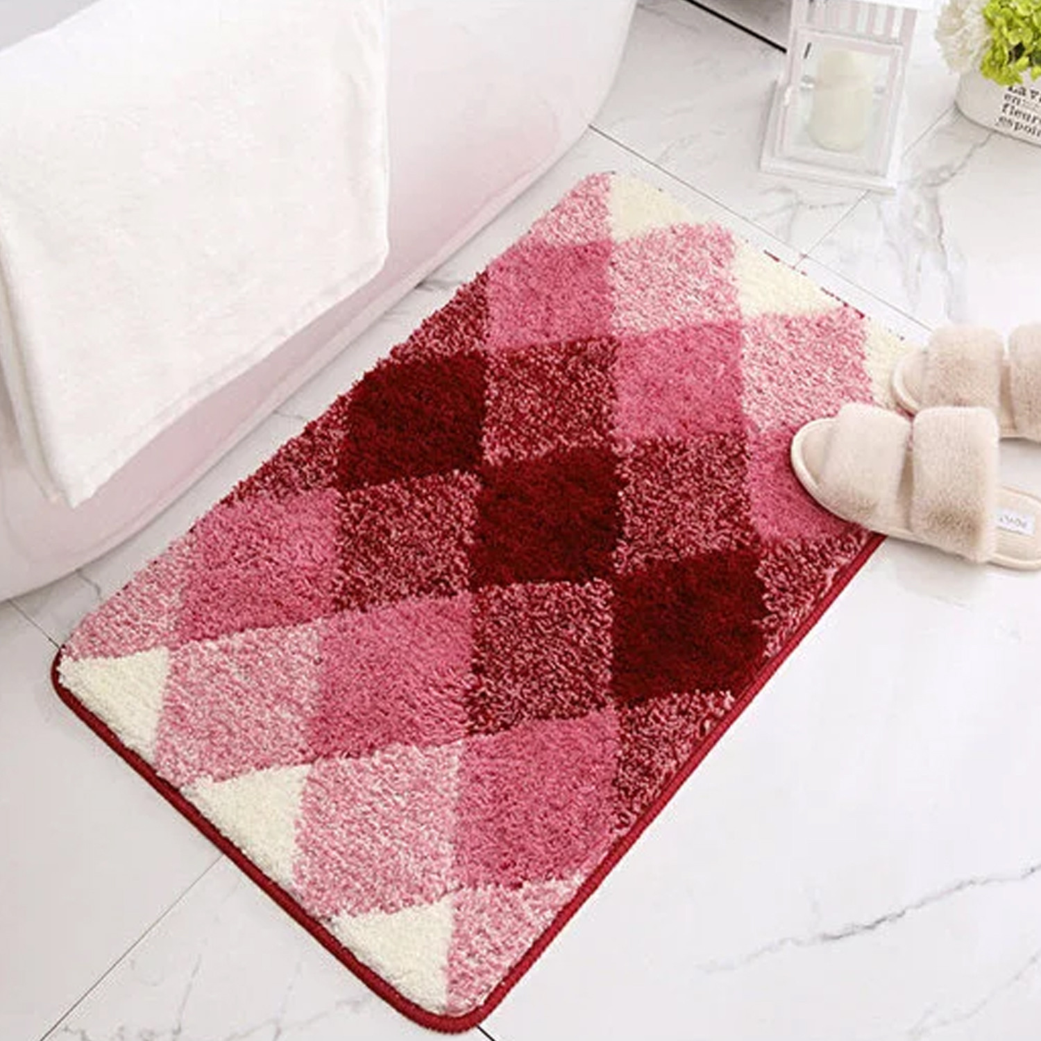 Kuber Industries Soft Bathroom Mat|Anti-Slip Mat For Bathroom Floor|Diamond Design With TPR Backing|Foot Mats For Home, Living Room, Bedroom (Red)