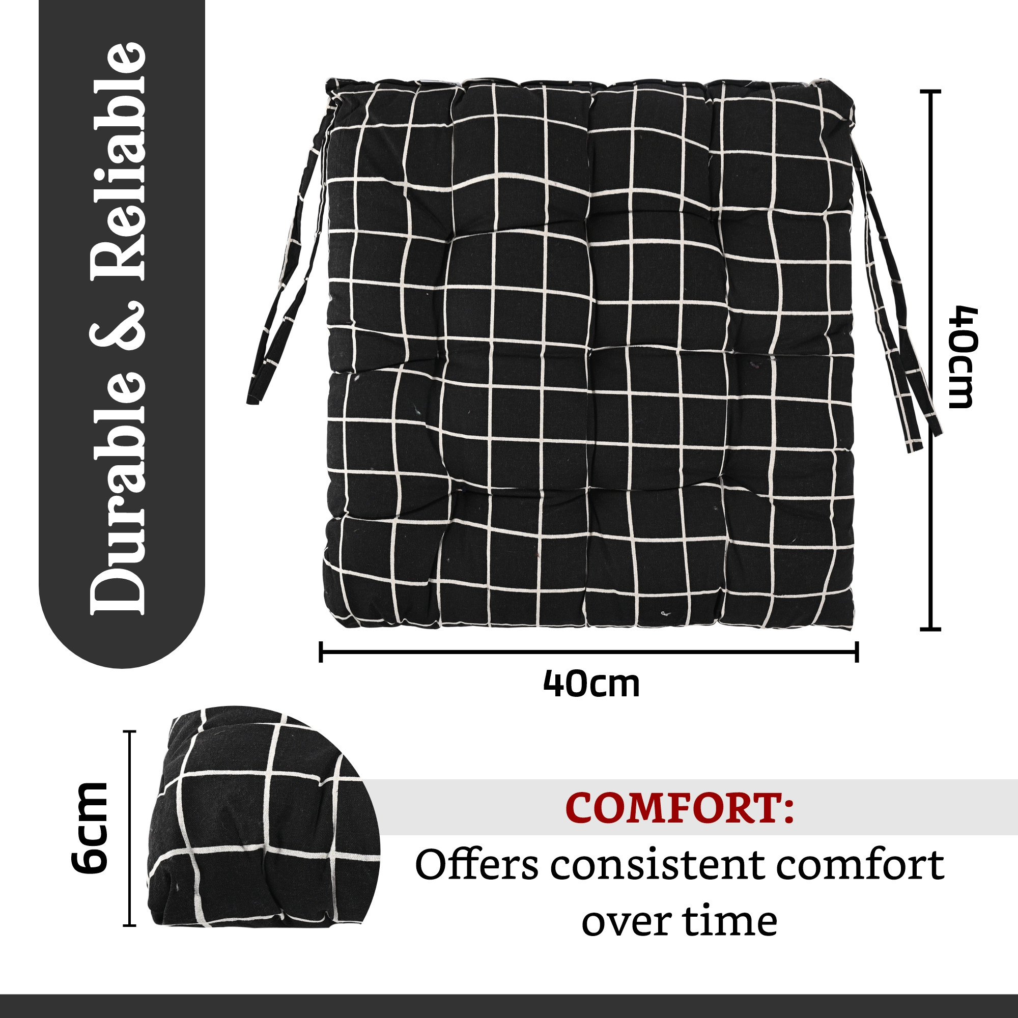 Kuber Industries Soft Cotton Chair Cushions for Sitting  Pillow for Office Work  Posture Support  Sitting Cushion  Back Rest for Chair  Dori Check Print - Black
