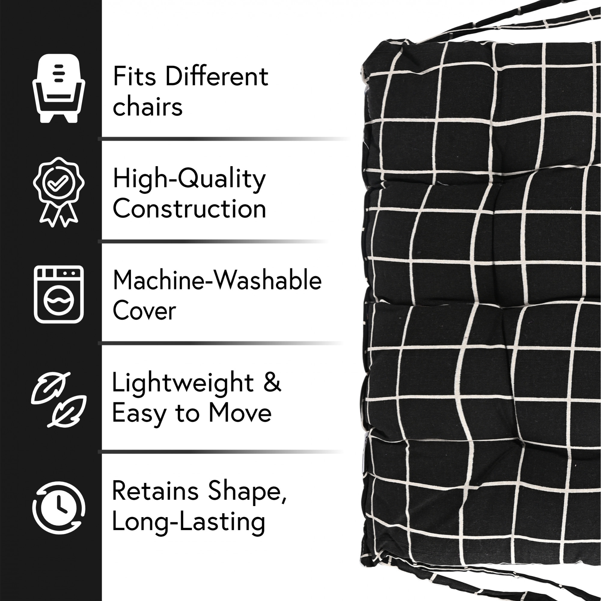 Kuber Industries Soft Cotton Chair Cushions for Sitting  Pillow for Office Work  Posture Support  Sitting Cushion  Back Rest for Chair  Dori Check Print - Black