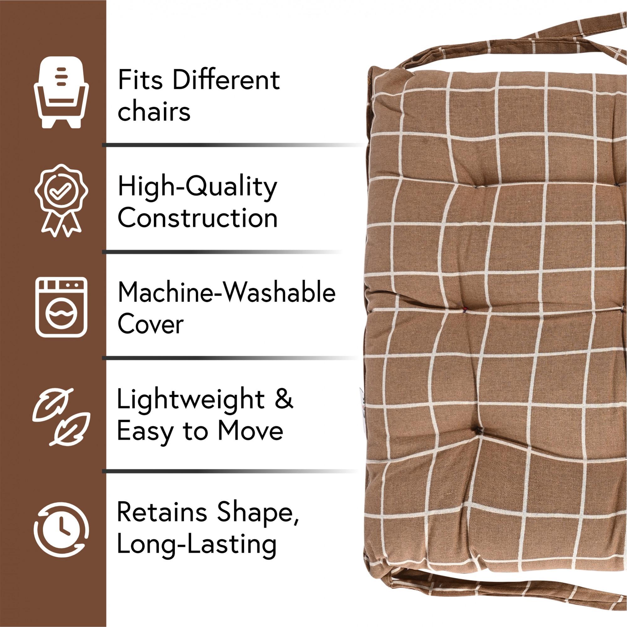 Kuber Industries Soft Cotton Chair Cushions for Sitting  Pillow for Office Work  Posture Support  Sitting Cushion  Back Rest for Chair  Dori Check Print - Brown