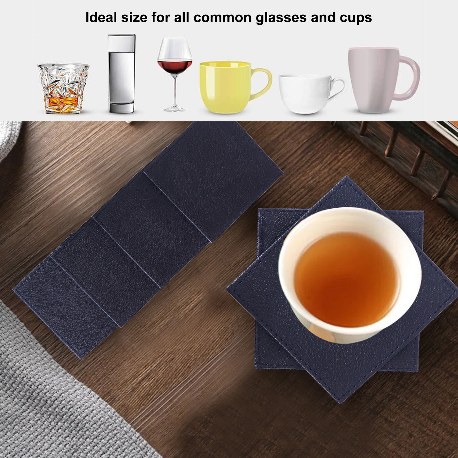 Kuber Industries Soft Leather Tea Coaster With Stand For Tea, Coffee & Dining Home Decor, Set of 6 (Black)