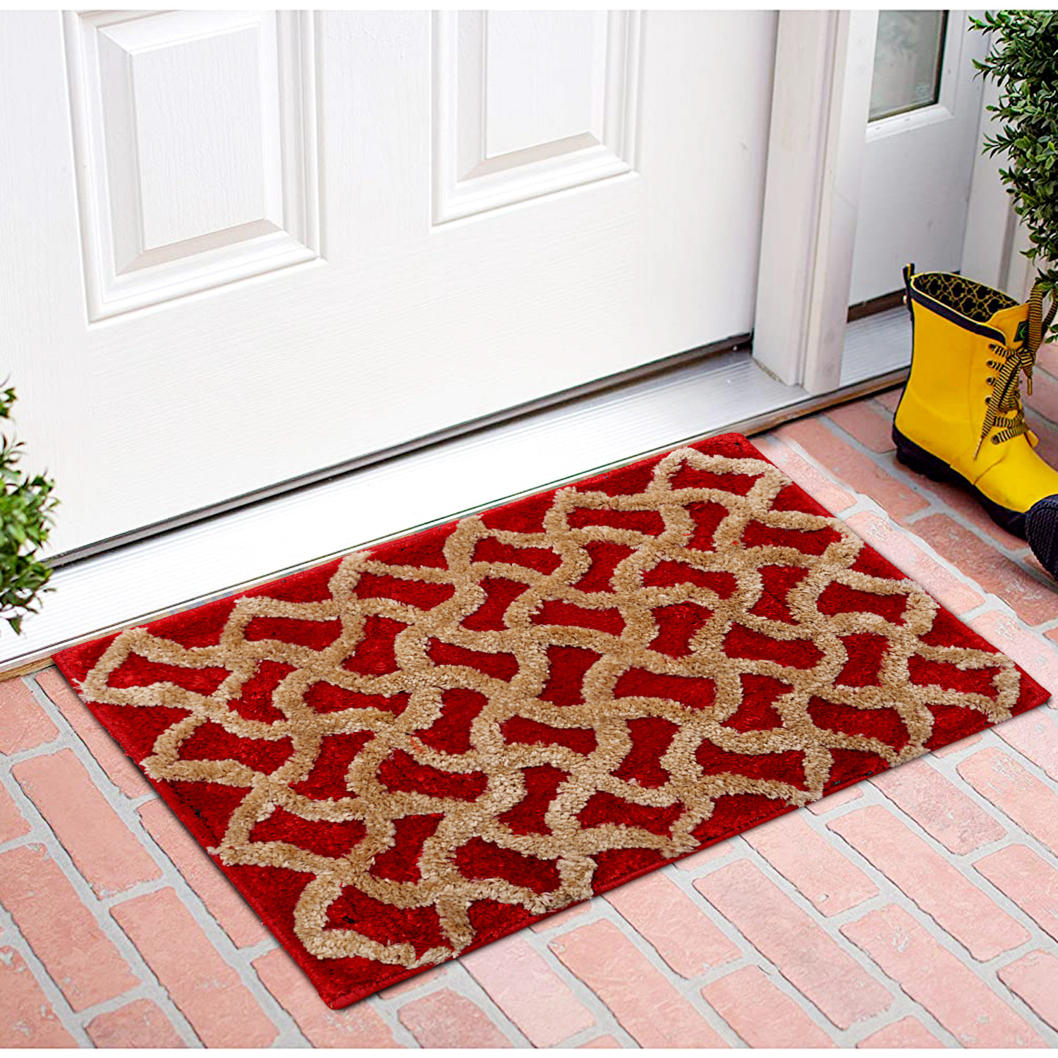 Kuber Industries Soft, lightweigth, Washable, Non Slip Doormat Entrance Rug Dirt Trapper Mat Shoes Scraper for Entry, Patio, Porch (Red)