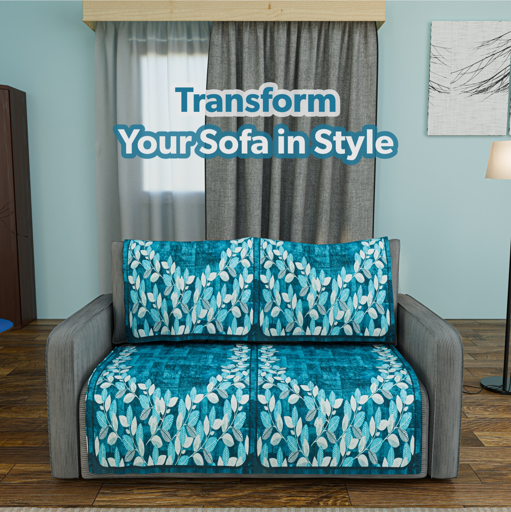 Kuber Industries Soft Velvet Sofa Cover for   Anti-Slip Sofa Seat Protector for Living Room  Home Decor  Protects Against Spills Pet Hair  Dust  Leaf Border - Blue  White