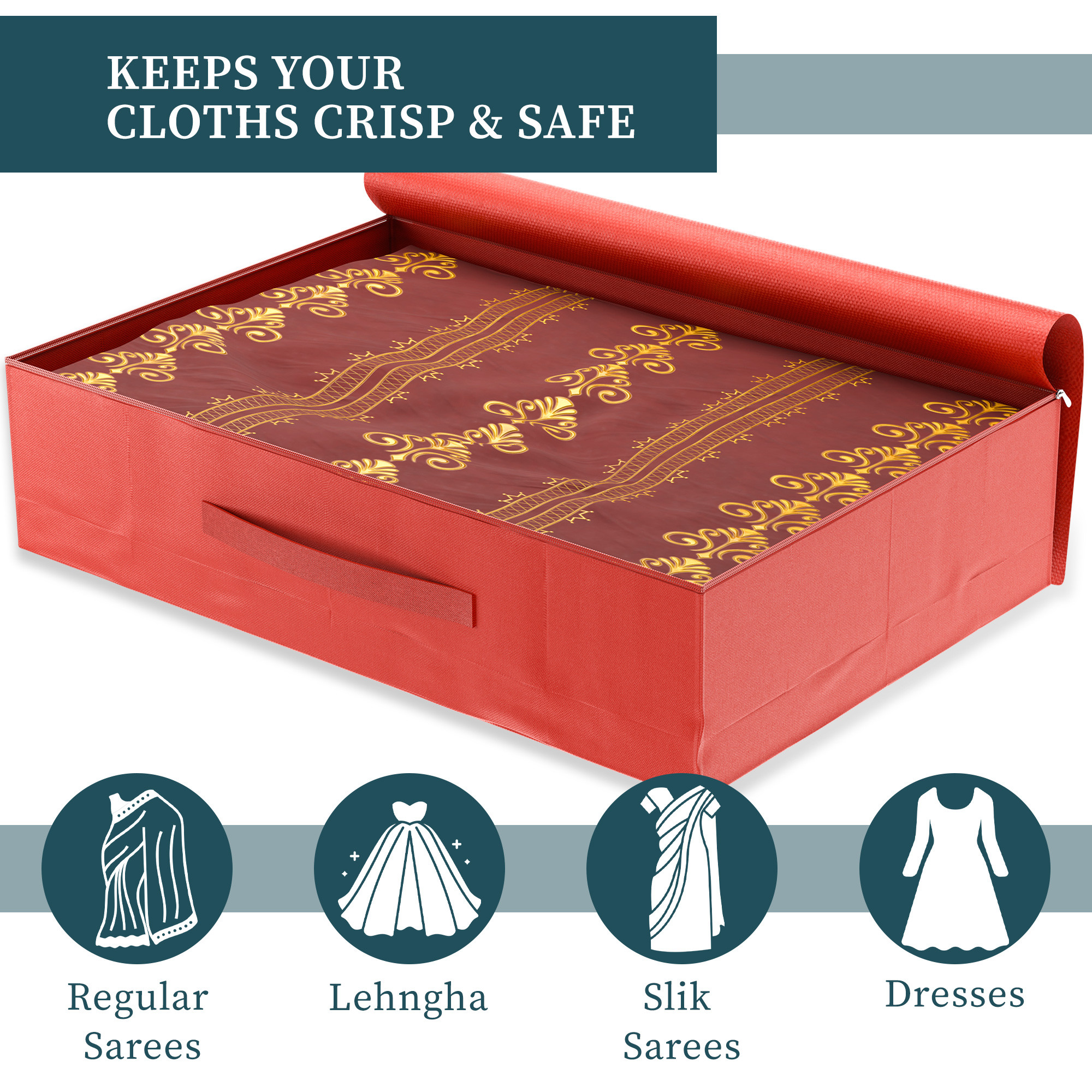 Kuber Industries Space-Saving Undergarments Organizer for Women  Saree Cover  Wardrobe Organizer for Storage  Lehanga Cover  Kapde Rakhne ka Box for Almirah  Flower Print - Red