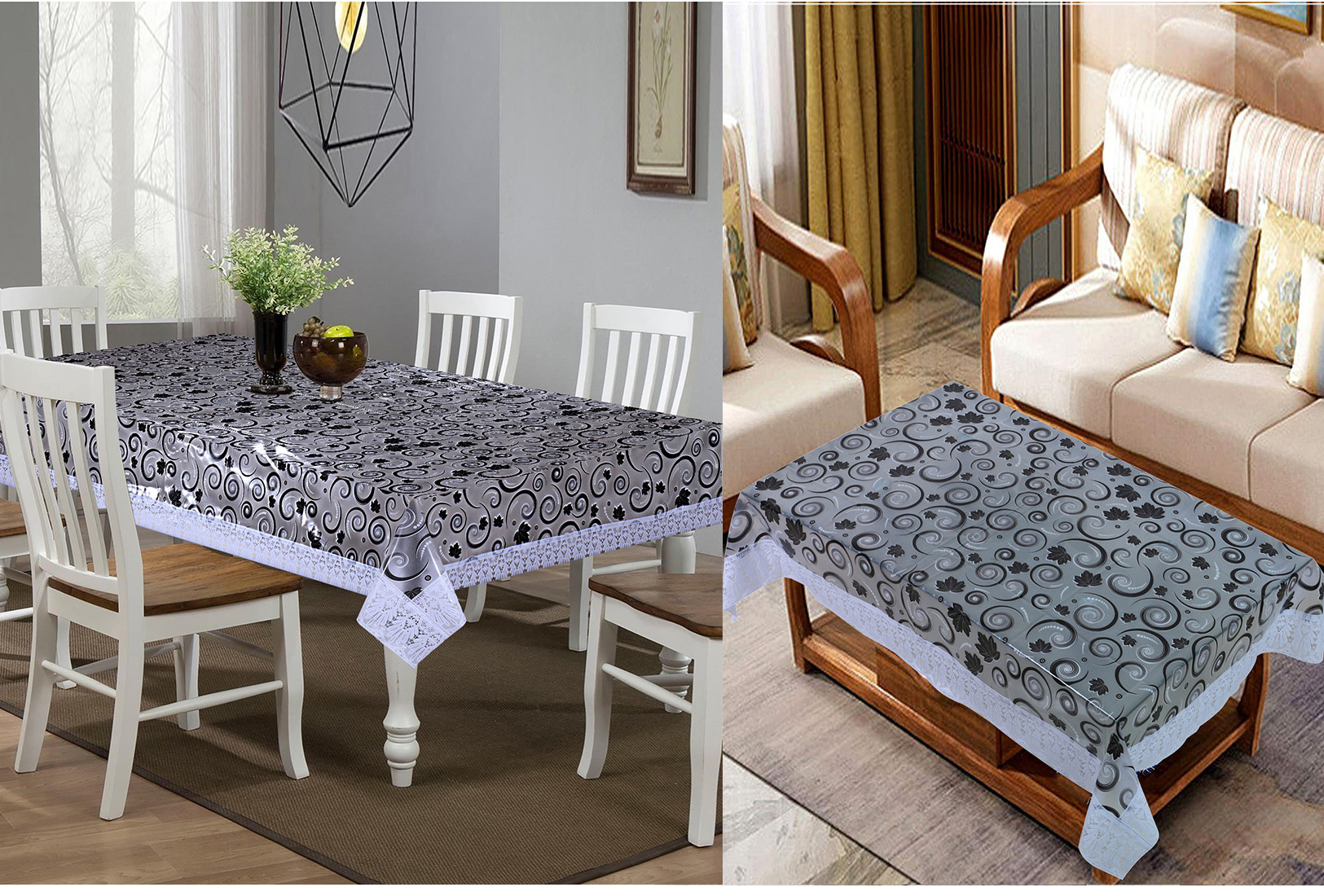 Kuber Industries Spiral Design Waterproof Attractive Dining Table Cover & Center Table Cover for Home Decoration,(White)