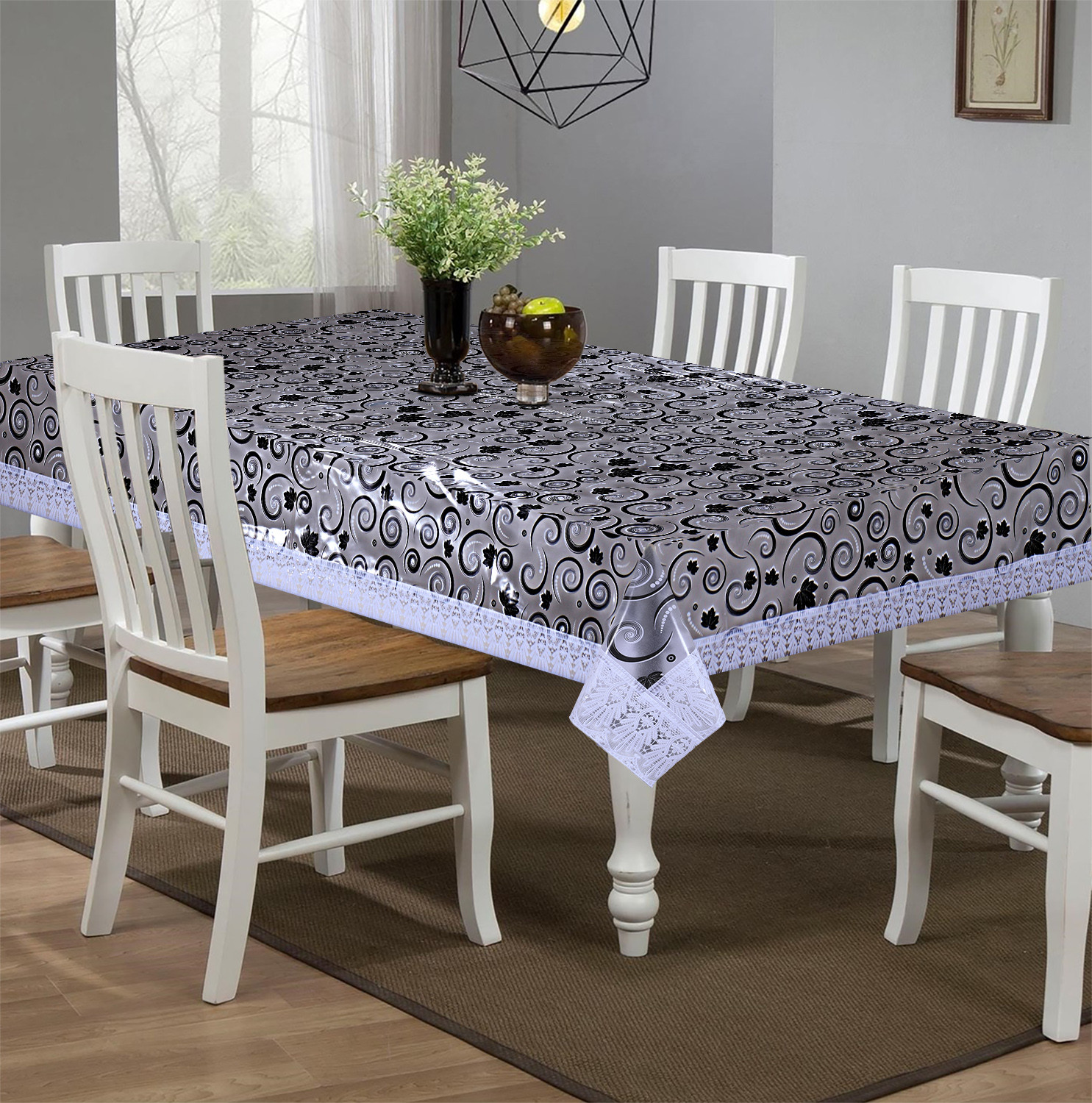 Kuber Industries Spiral Design Waterproof Dining Table CoverTabletop for Home Decoration With White Lace Border 60X90 inch White