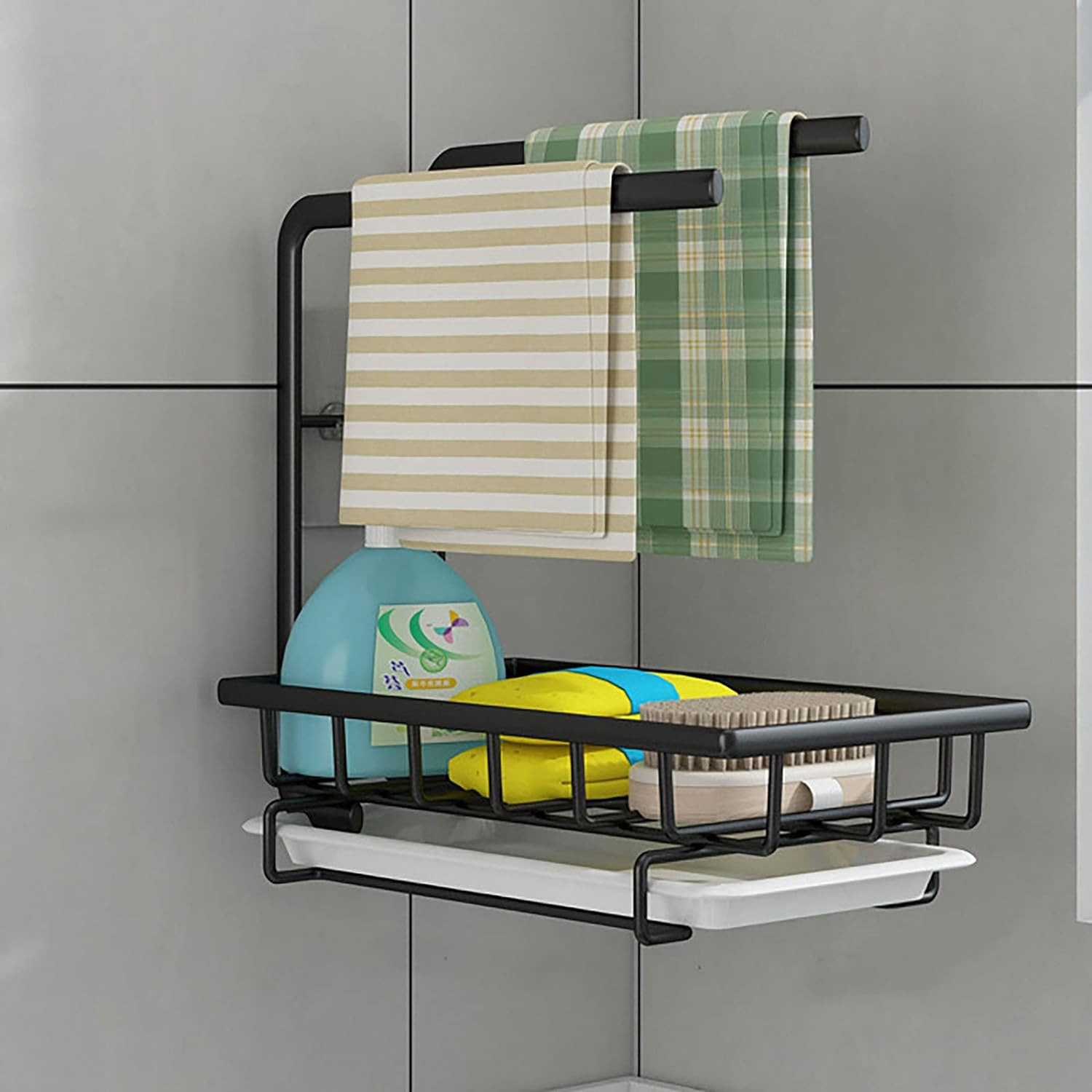 Kuber Industries Sponge Holder with Drain Pan for Kitchen Sink|Kitchen Sink Caddy Organizer|Dishcloth Rack|Idol For Sponge, Brush, Soap (Black)
