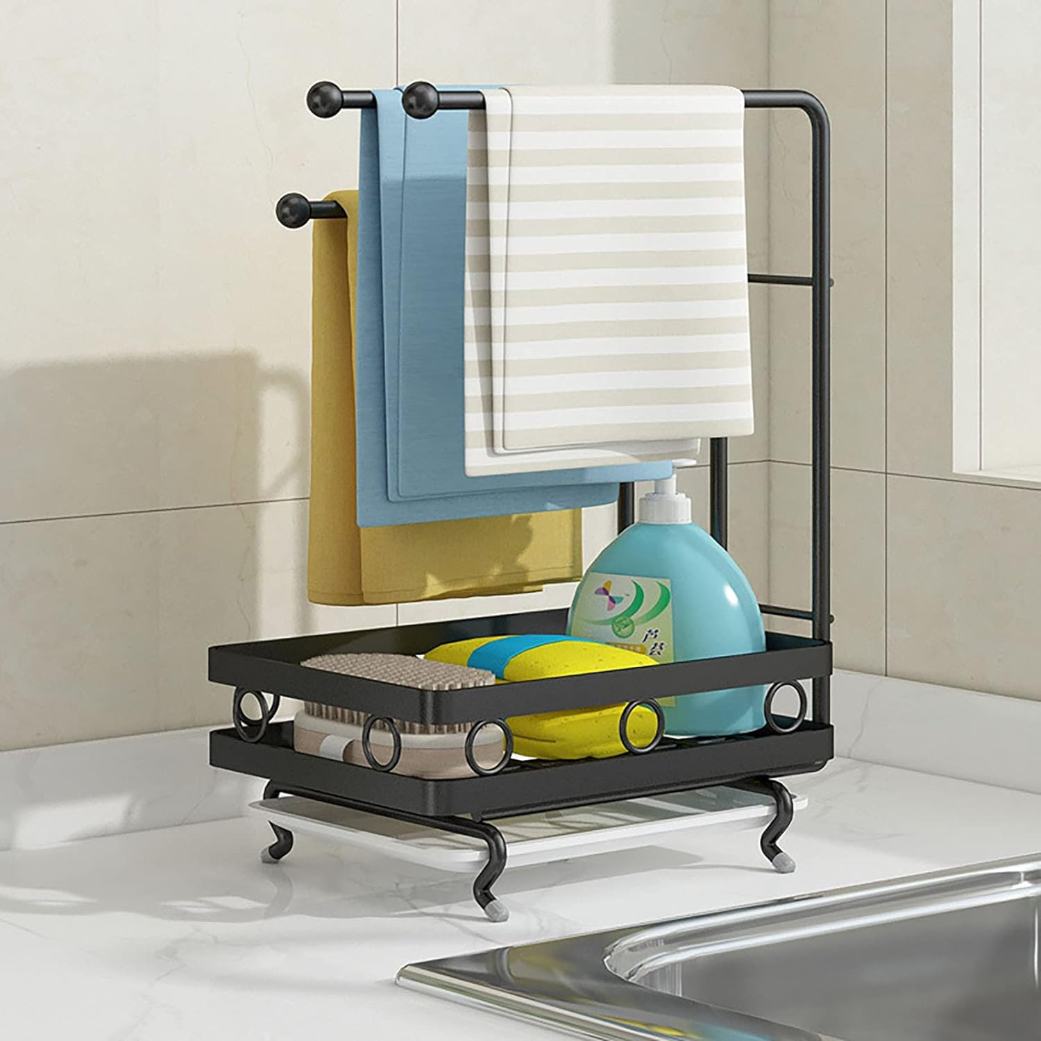 Kuber Industries Sponge Holder with Drain Pan for Kitchen Sink|Kitchen Sink Caddy Organizer|Dishcloth Rack|Idol For Sponge, Brush, Soap (Black)