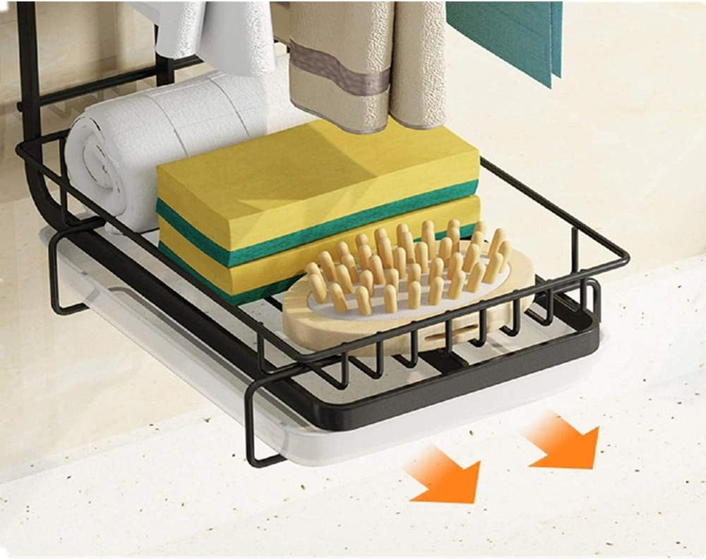 Kuber Industries Sponge Holder with Drain Pan for Kitchen Sink|Kitchen Sink Caddy Organizer|Dishcloth Rack|Idol For Sponge, Brush, Soap (Black)