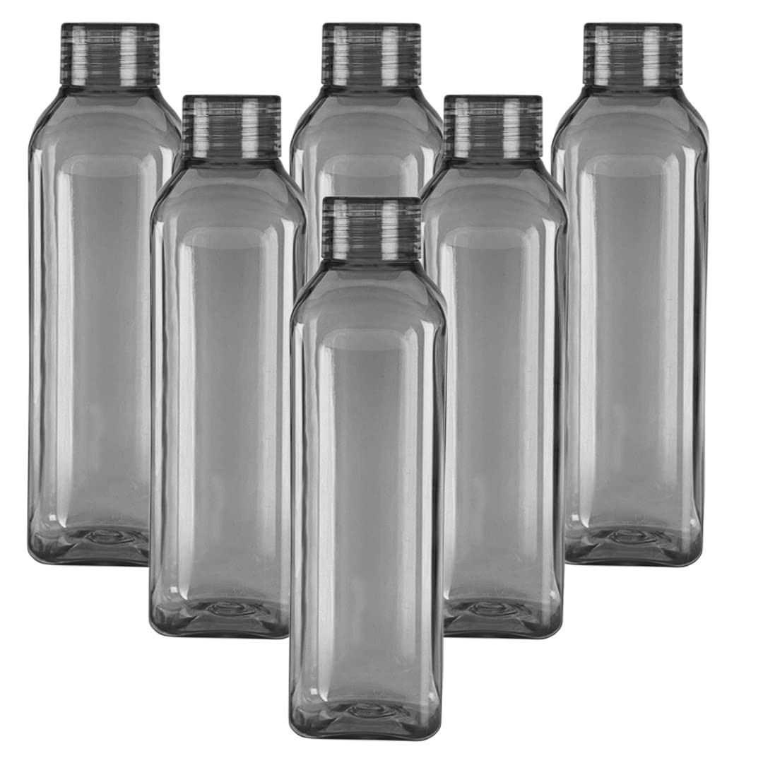 Kuber Industries Square BPA Free Plastic Water Bottles | Unbreakable, Leak Proof, 100% Food Grade Plastic | For Kids & Adults | Refrigerator Plastic Bottle Set of 6 | Grey