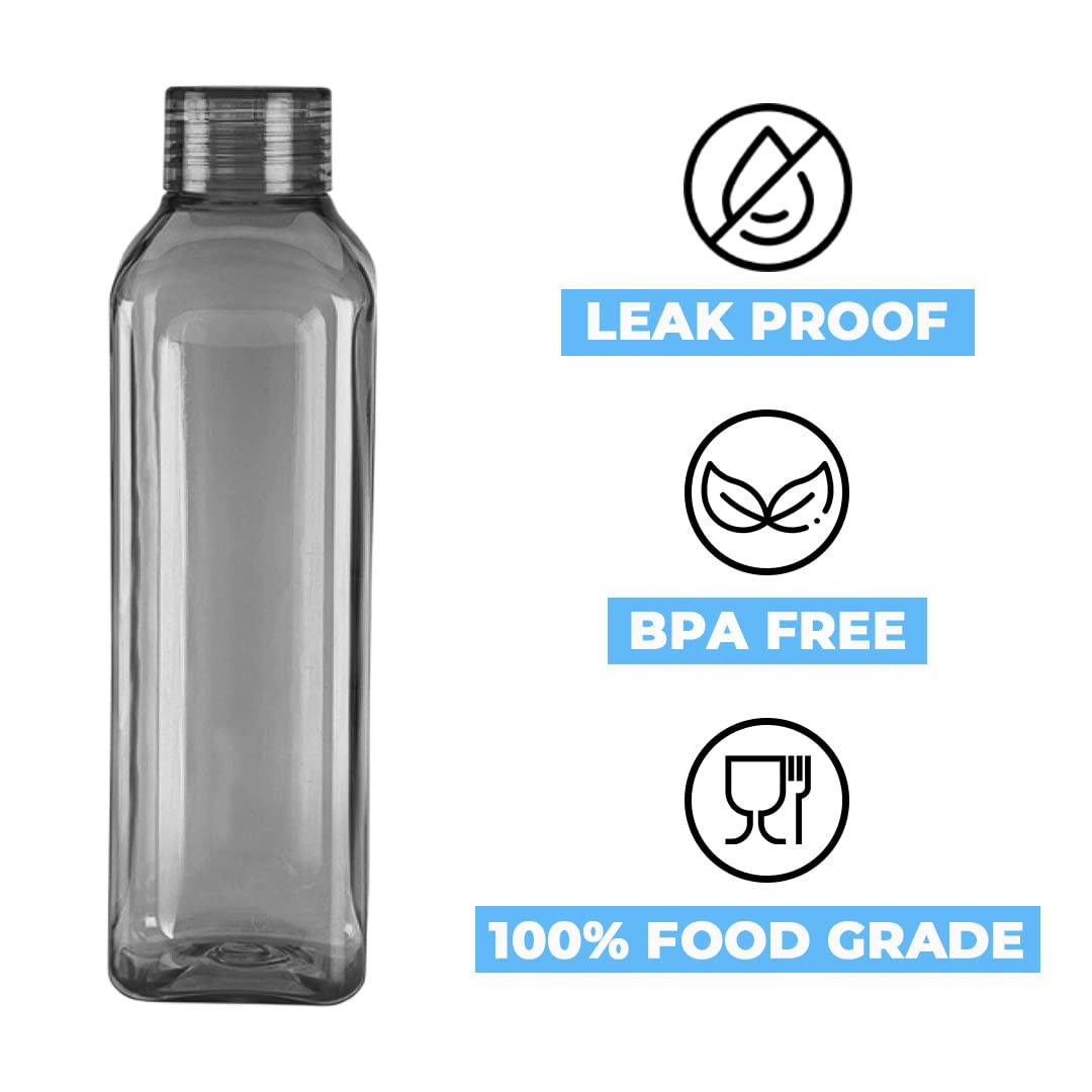 Kuber Industries Square BPA Free Plastic Water Bottles | Unbreakable, Leak Proof, 100% Food Grade Plastic | For Kids & Adults | Refrigerator Plastic Bottle Set of 6 | Grey