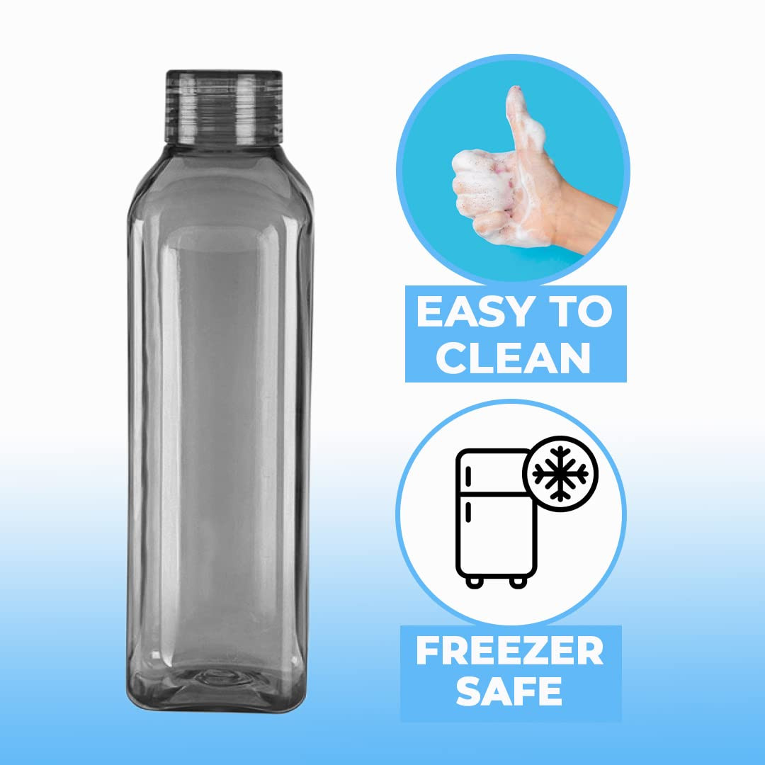 Kuber Industries Square BPA Free Plastic Water Bottles | Unbreakable, Leak Proof, 100% Food Grade Plastic | For Kids & Adults | Refrigerator Plastic Bottle Set of 6 | Grey