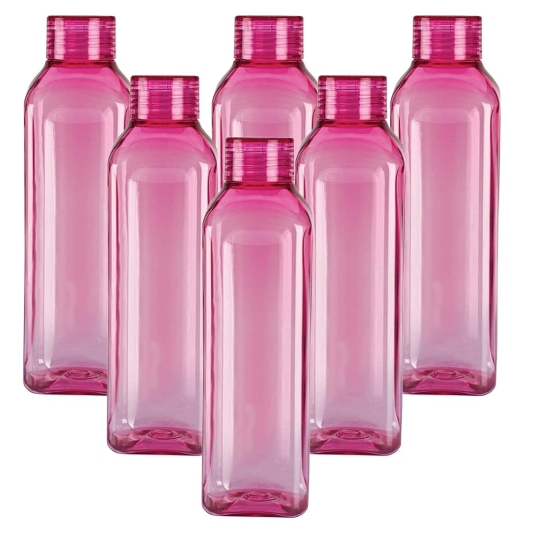 Kuber Industries Square BPA Free Plastic Water Bottles | Unbreakable, Leak Proof, 100% Food Grade Plastic | For Kids & Adults | Refrigerator Plastic Bottle Set of 6 | PinkÂ 