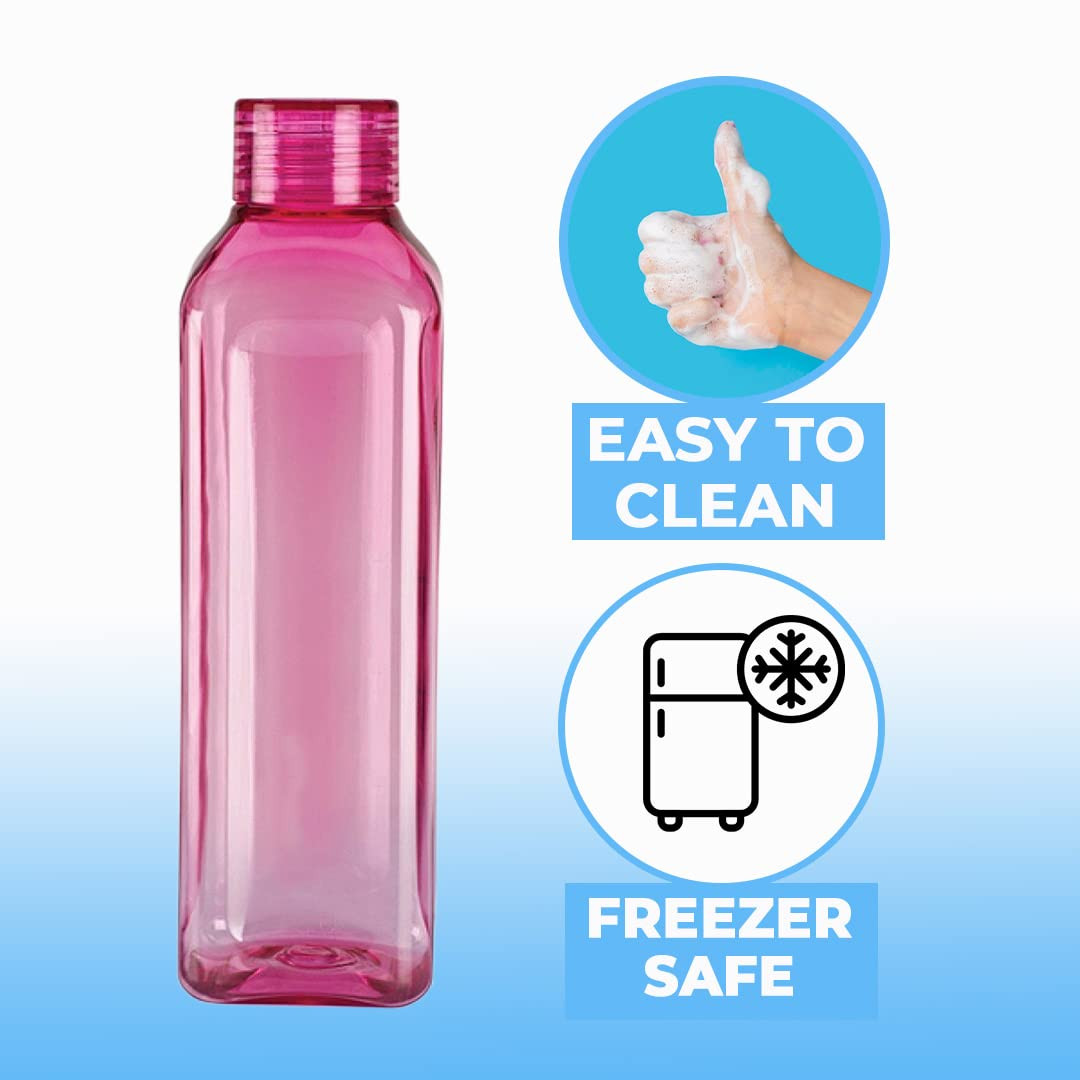Kuber Industries Square BPA Free Plastic Water Bottles | Unbreakable, Leak Proof, 100% Food Grade Plastic | For Kids & Adults | Refrigerator Plastic Bottle Set of 6 | PinkÂ 