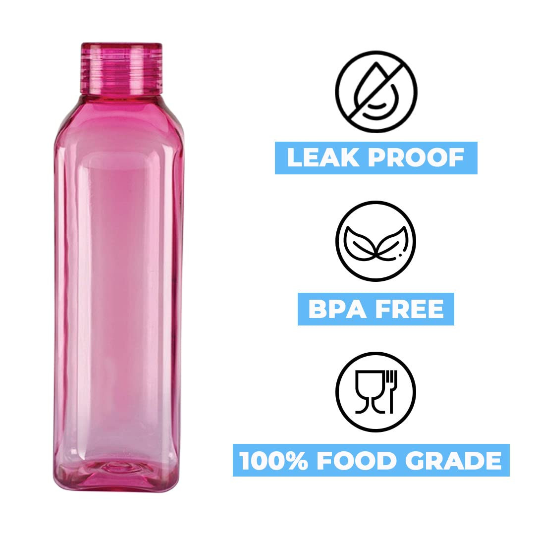 Kuber Industries Square BPA Free Plastic Water Bottles | Unbreakable, Leak Proof, 100% Food Grade Plastic | For Kids & Adults | Refrigerator Plastic Bottle Set of 6 | PinkÂ 