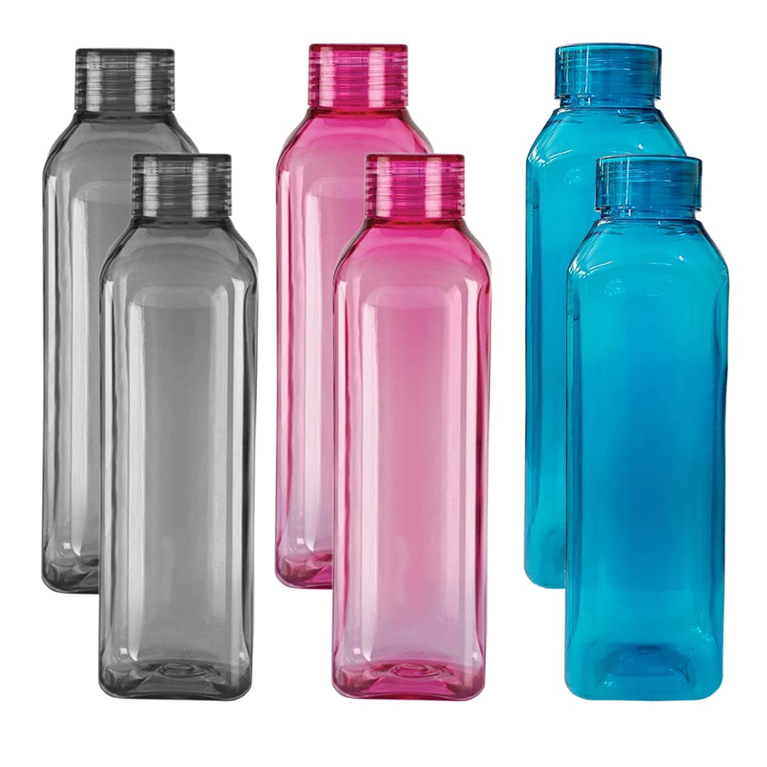 Kuber Industries Square BPA Free Plastic Water Bottles  Unbreakable Leak Proof 100 Food Grade Plastic  For Kids  Adults  Refrigerator Plastic Bottle Set of 6  Multicolours