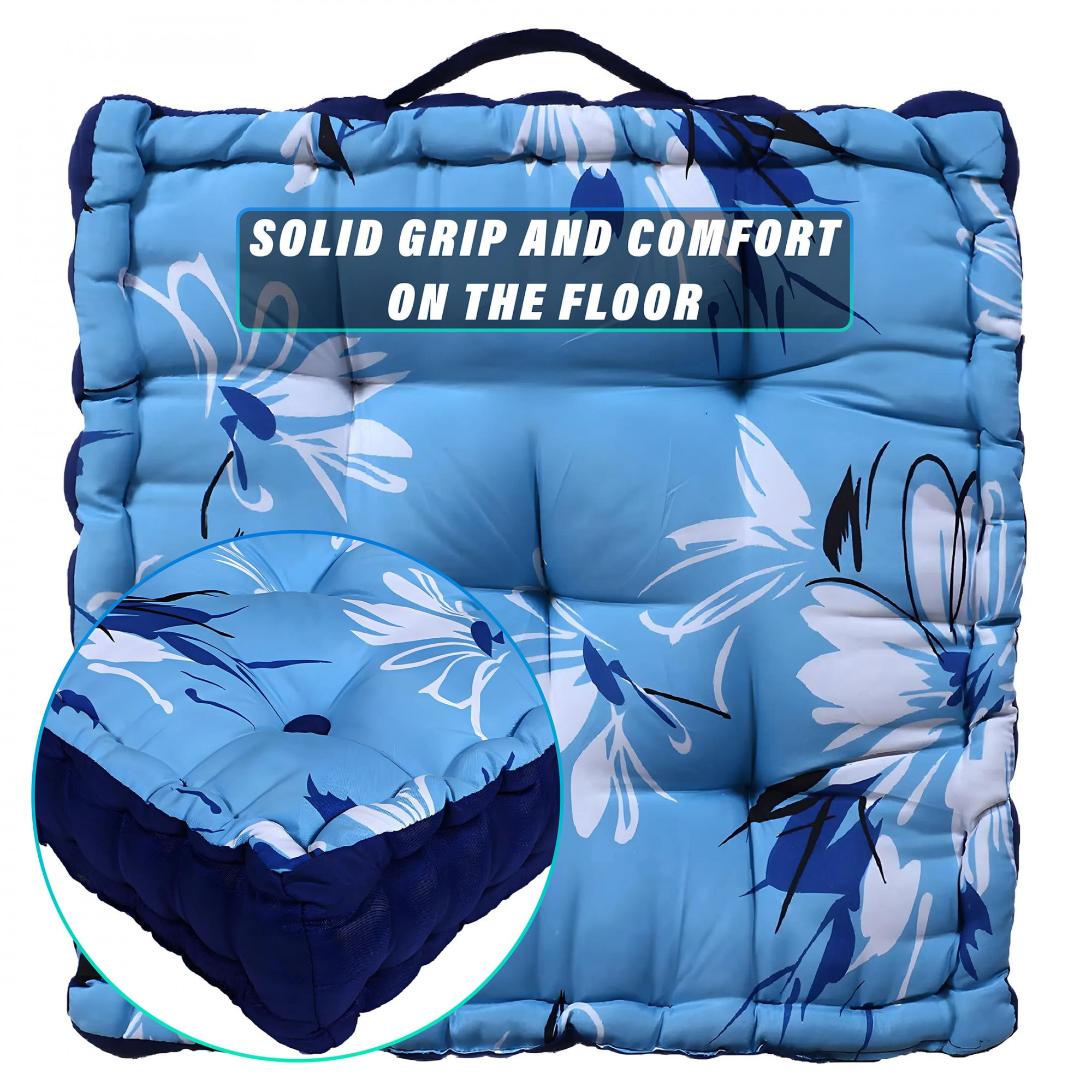 Kuber Industries Square Chair PadComfortable Floral Design Seat CushionSoft Cotton Pillow Filler for SeatingMeditationYogaLiving Room Sky Blue