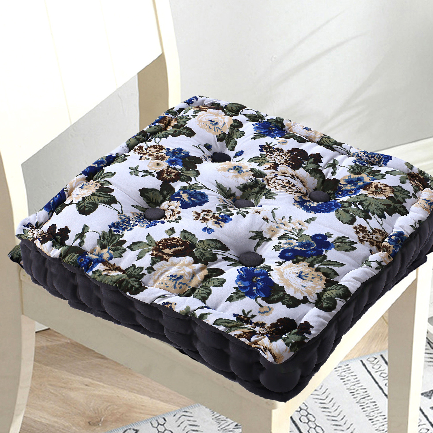 Kuber Industries Square Chair Pad|Comfortable Flower Design Seat Cushion|Soft Cotton Pillow Filler for Seating,Meditation,Yoga,Living Room (White)
