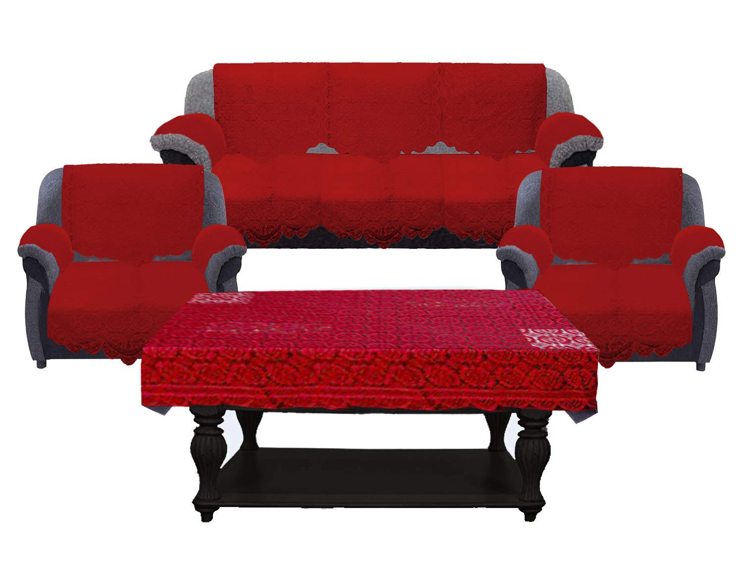 Kuber Industries Square Design Cotton 5 Seater Sofa Cover Set with 6 Pieces Arms cover And 1 Center Table Cover (Set Of 17,Maroon )-KUBMRT12004