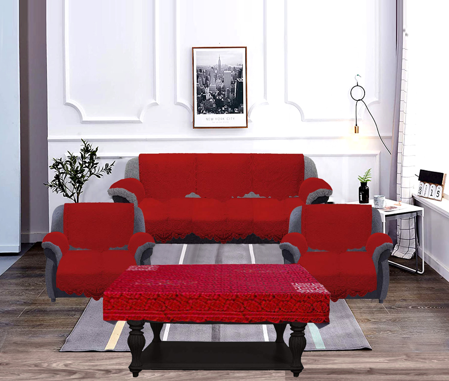 Kuber Industries Square Design Cotton 5 Seater Sofa Cover Set with 6 Pieces Arms cover And 1 Center Table Cover (Set Of 17,Maroon )-KUBMRT12004