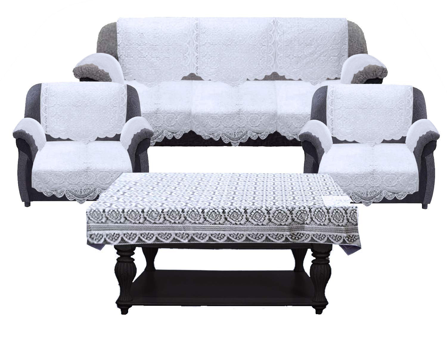 Kuber Industries Square Design Cotton 5 Seater Sofa Cover Set with 6 Pieces Arms cover And 1 Center Table Cover (Set Of 17,White )-KUBMRT12008