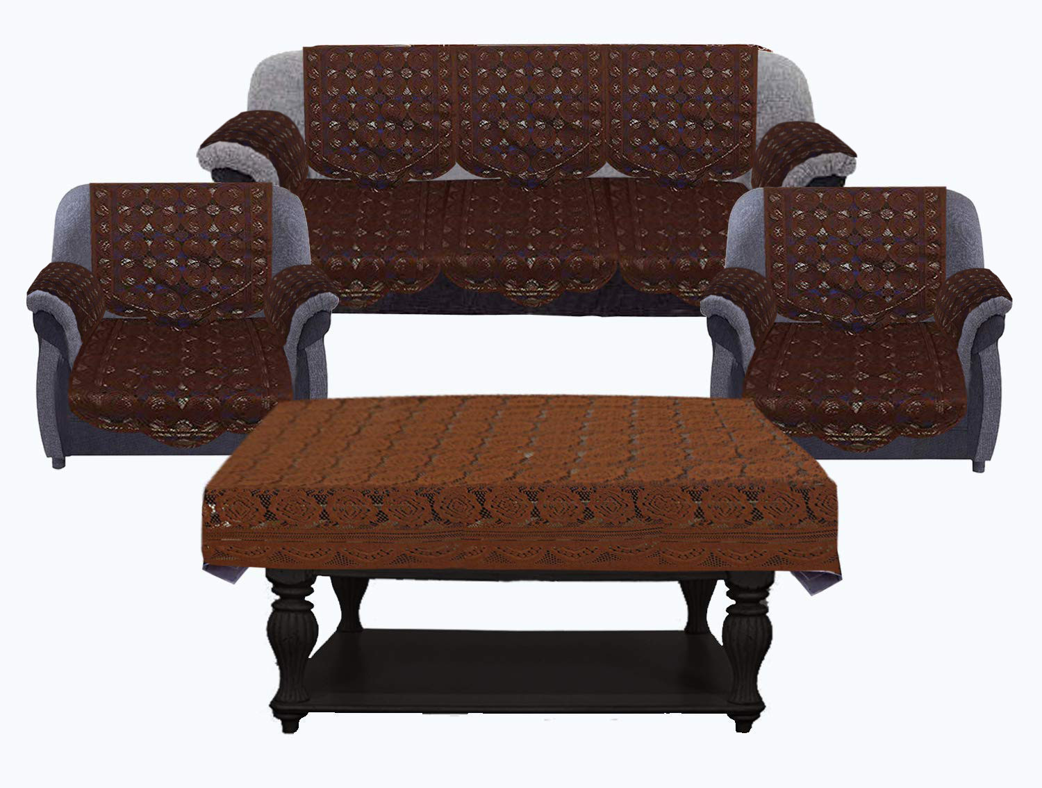 Kuber Industries Square Design Cotton 5 Seater Sofa Cover Set with 6 Pieces Arms cover And 1 Center Table Cover (Set Of 17,Brown )-KUBMRT12010